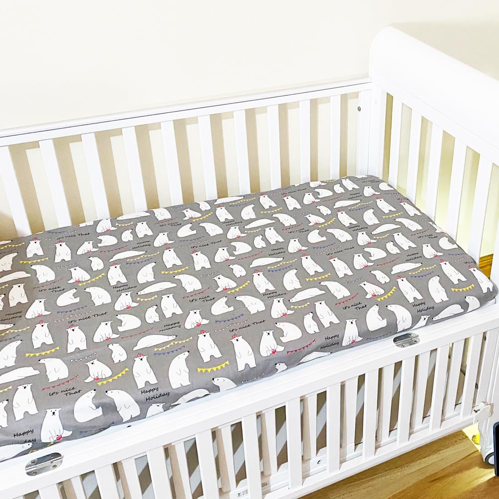 Odot Soft Cotton Cot Bed Sheets, Cartoon Bedside Cribs Fitted Sheets for Boys Girls, Newborn Bassinet Sheets, Baby Bed Sheets Stretch Edge Mattress Protector Easy Care (120x70cm,Polar Bear-Grey)