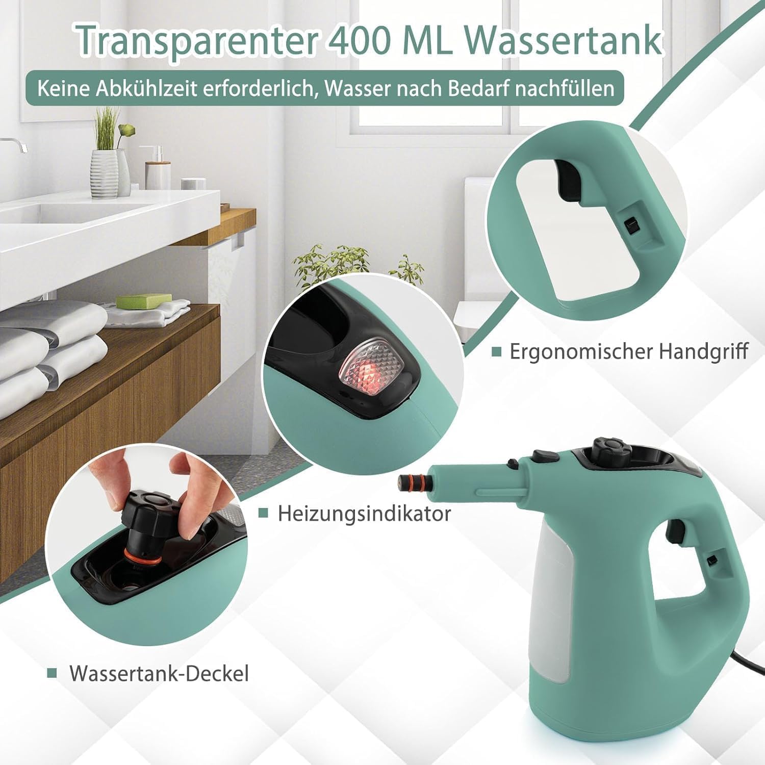 RELAX4LIFE Dampfreiniger Handgerät, Handdampfreiniger mit 13 Zubehör (Grün)