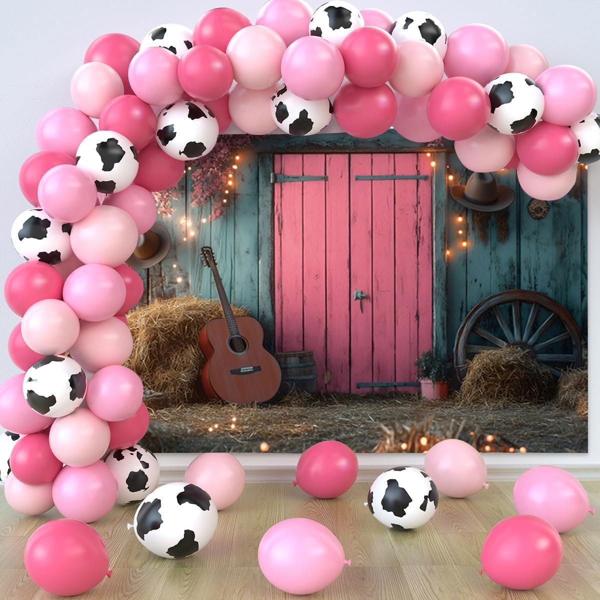 12x8ft Western Backdrop Floral Blue and Pink Barn Door Cowgirl Backdrops for Photoshoot Western Party Decorations Glitter Wild West Rodeo Photography Background Banner for Birthday Baby Shower
