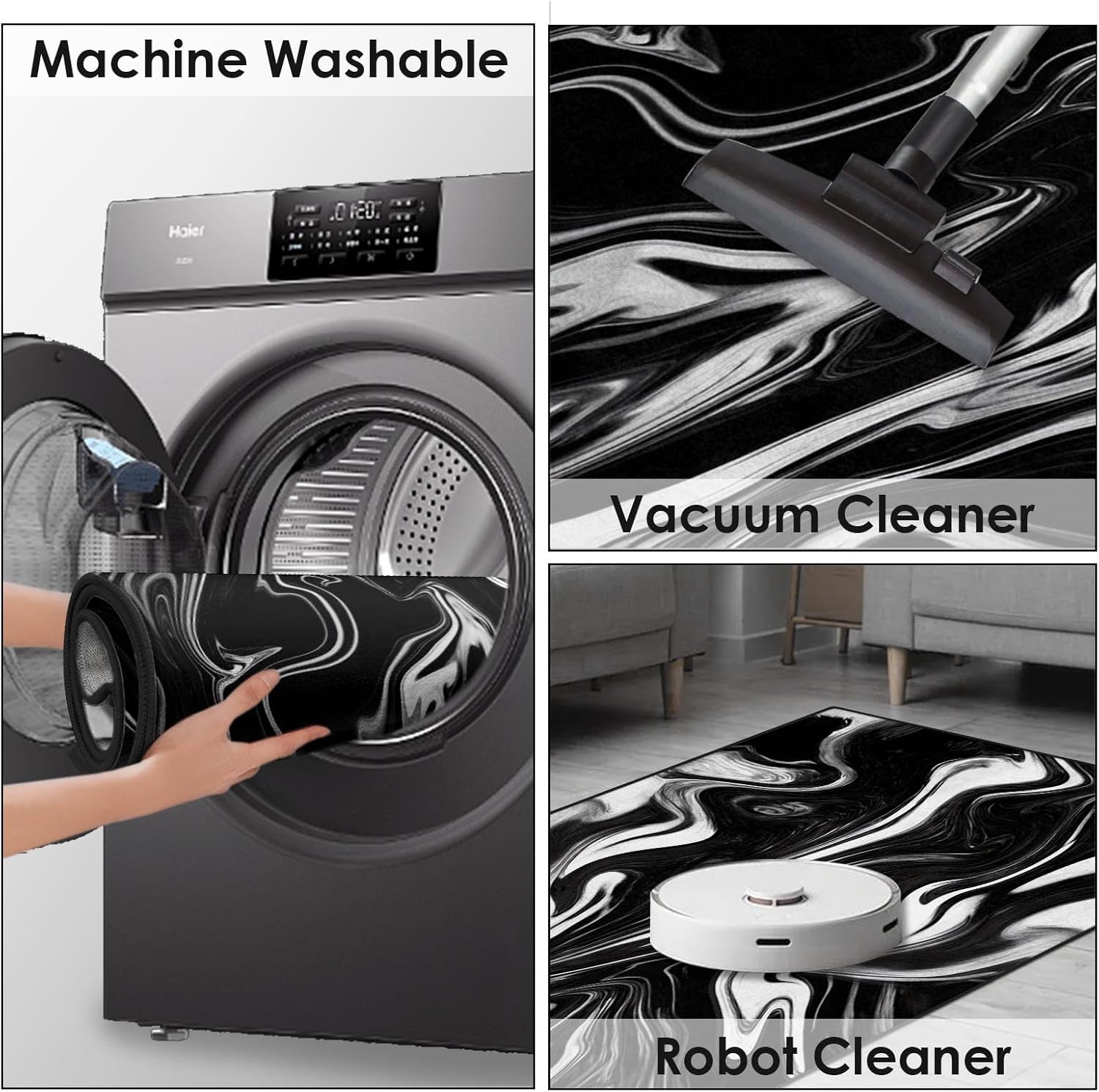 ArtSocket Black White Marble Area Rug Abstract 2' x 6' Entry Runner Rug Non-Slip Washable Indoor Door Mat Carpet for Bedroom Kitchen Entryway Laundry Living Home Decor