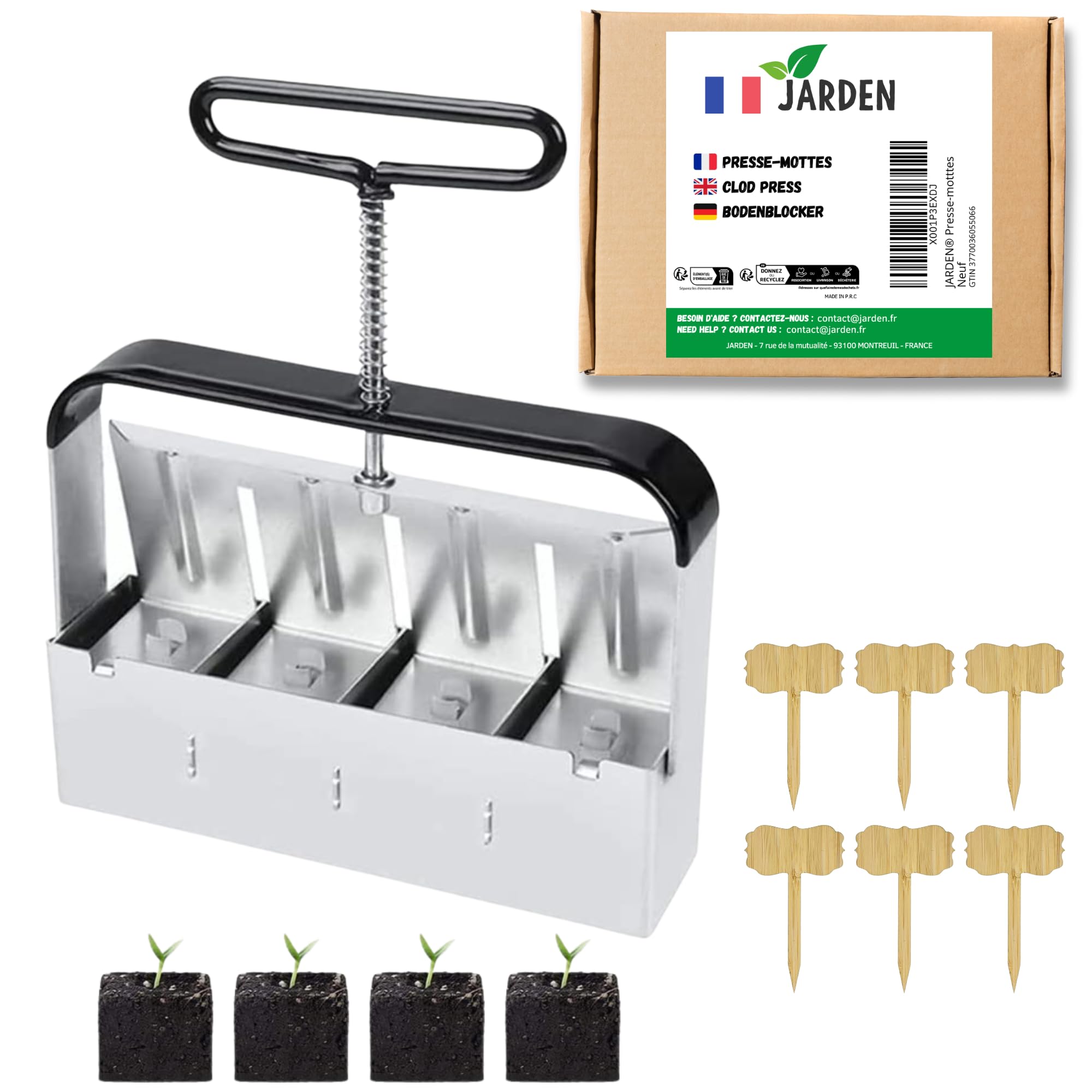 Jarden® Bloqueador de Suelo Manual Profesional – 4 Bloques de 5x5 cm – Prensador de Terrones de Acero Inoxidable para Semilleros, Siembra y Esquejes
