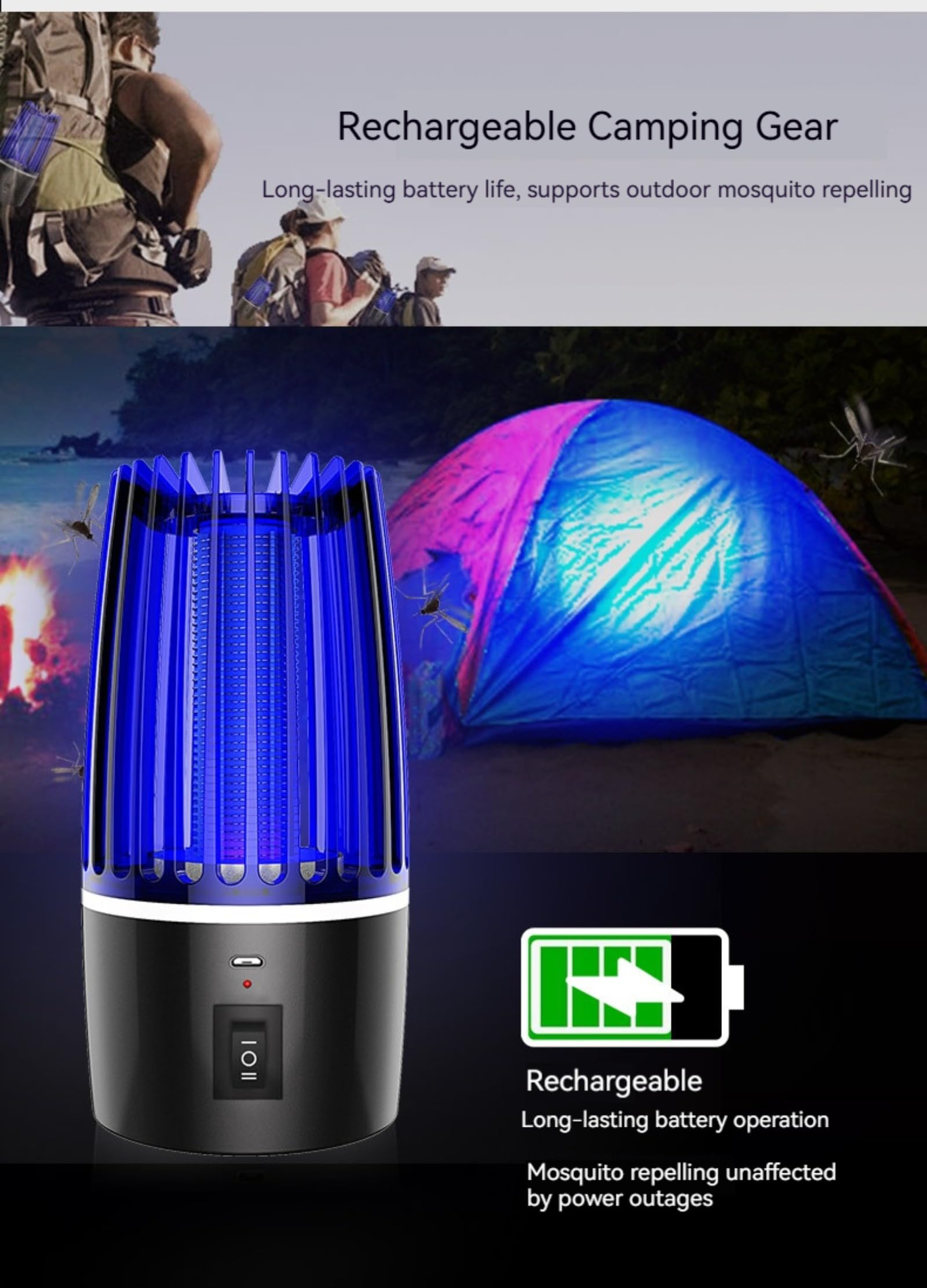 Trappola elettrica per zanzare, 4000 mAh, ricaricabile, con lampada UV, trappola per insetti 2 in 1, per uso interno ed esterno, ideale per cortile e campeggio