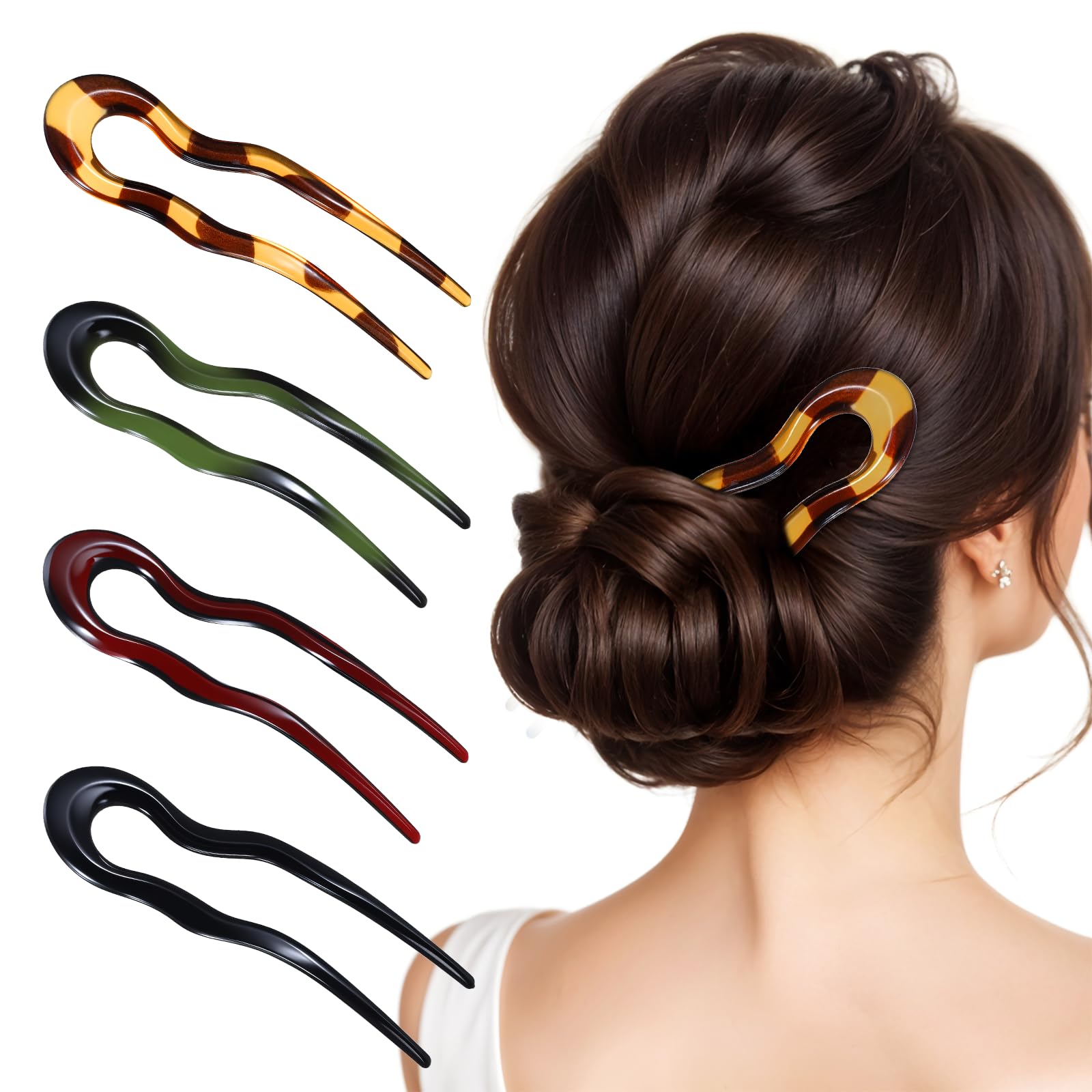4 Pcs French Hair Pin U Shaped Acetate Hair Pins Fork 2 Prong Updo Chignon Pin for Women Girls Hairstyle Accessories（4 Colors）