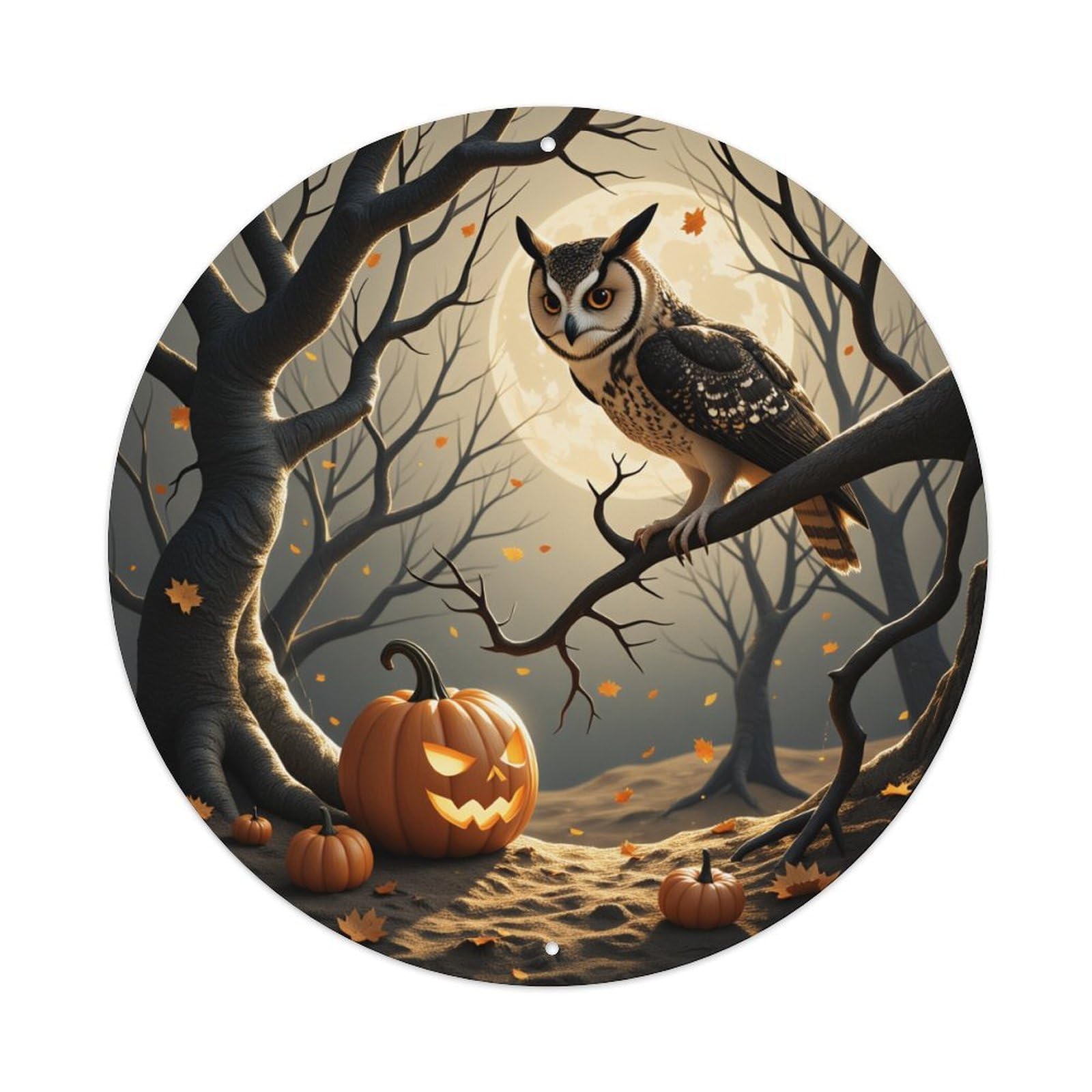 Owl Pumpkin Moon Trees Leaves Round Tin Sign Vintage Metal Poster, Home Bar Garage Man Cave Cafe Indoor & Outdoor Wall Decoration 8x8Inches