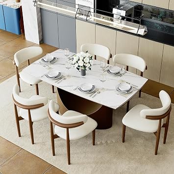 POVISON Extendable Dining Room Table 6-8, 71-95 Expandable Modern Dining Table for 6-10, Rectangular Glossy White Sintered Stone Tabletop for Dining Room, Bronze Base (Dining Table Only)