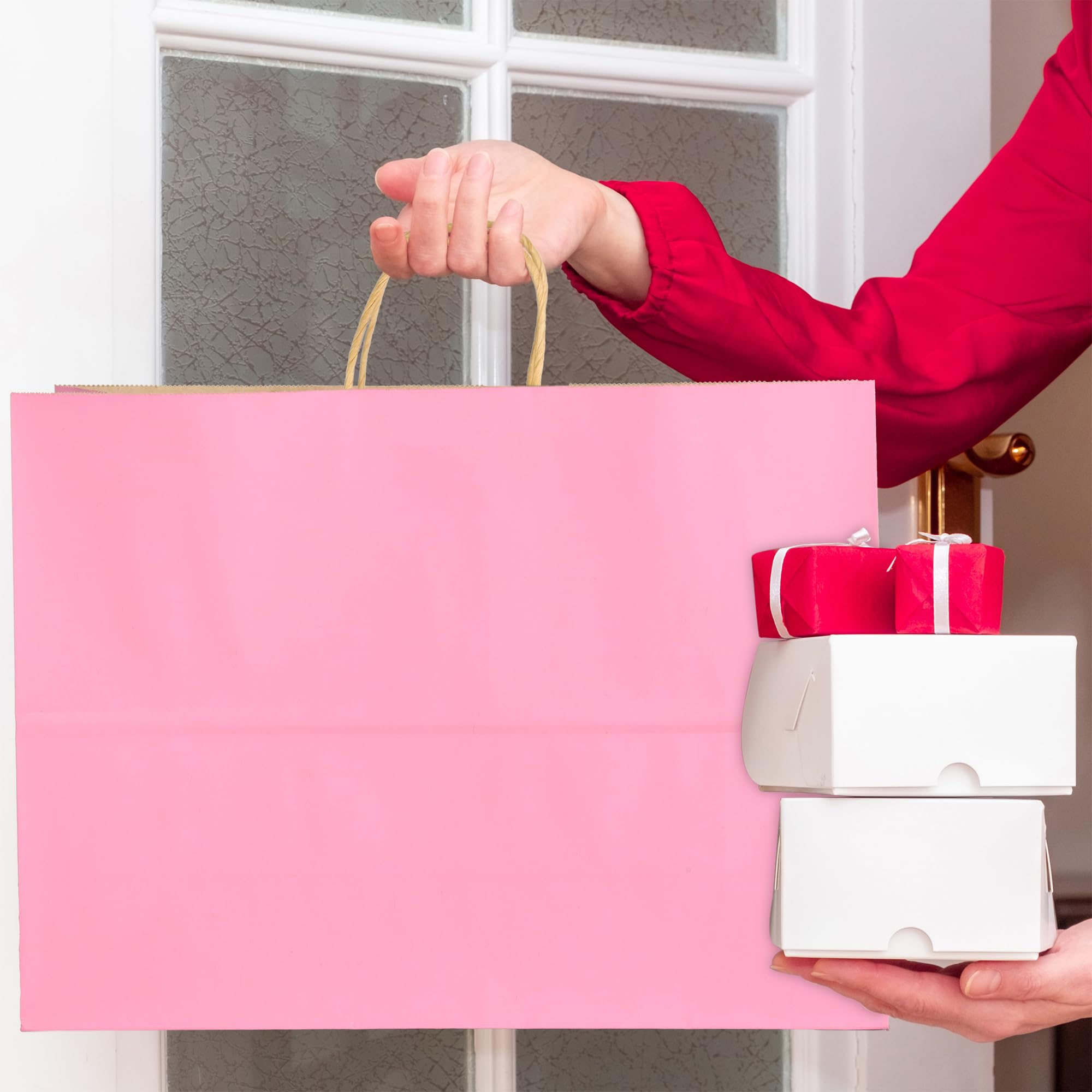 BLEWINDZ 50Pcs Pink Gift Bags Large 16x6x12 Inches Kraft Paper Bags with Handles Bulk – Goodie Bag Shopping Bag for Grocery Merchandise