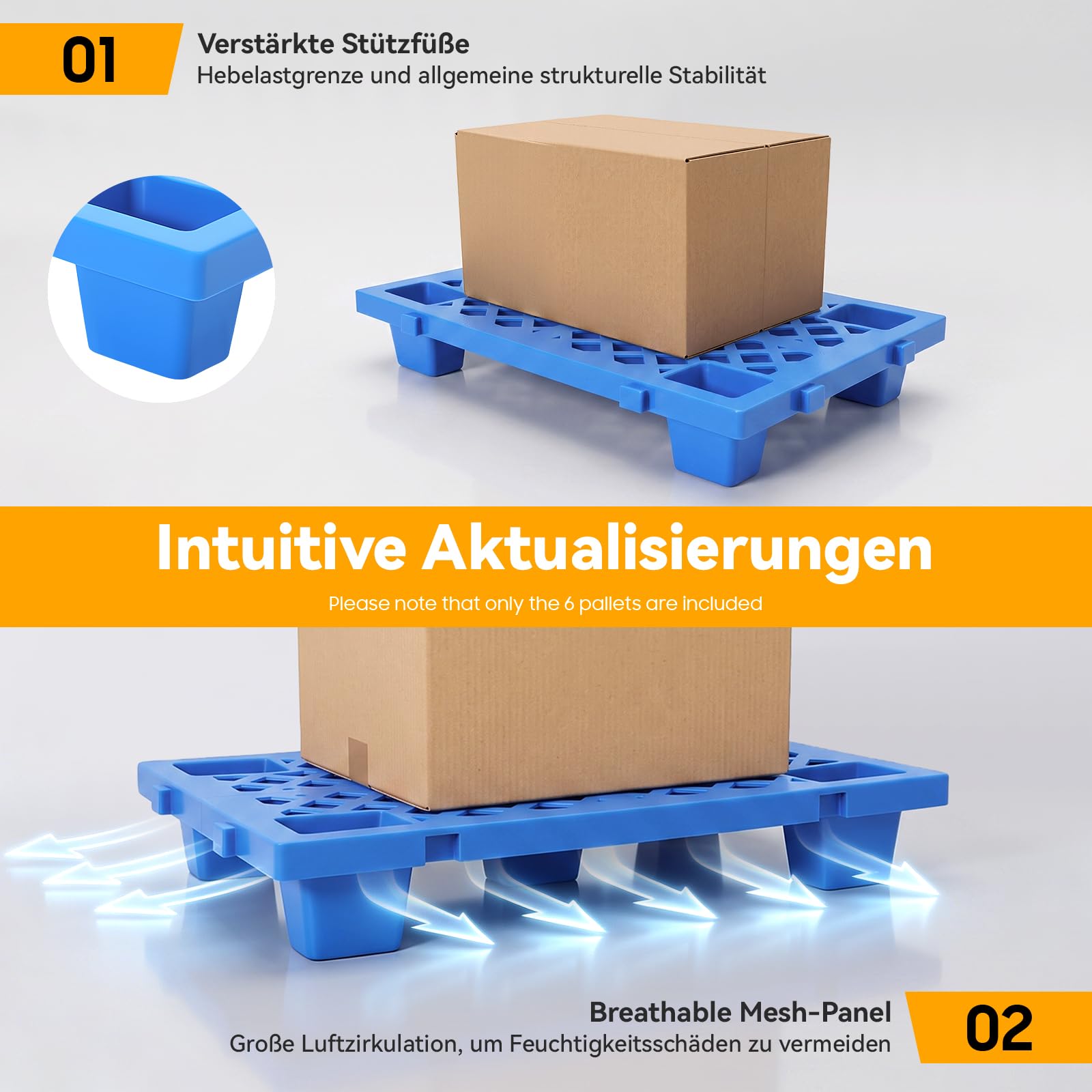 Juego de 6 paletas de plástico, 60 x 40 x 10 cm, paleta ligera con conexión | Capacidad de carga de 100 kg por palé, apilable y bloqueable, superficie antideslizante, pies para mayor estabilidad