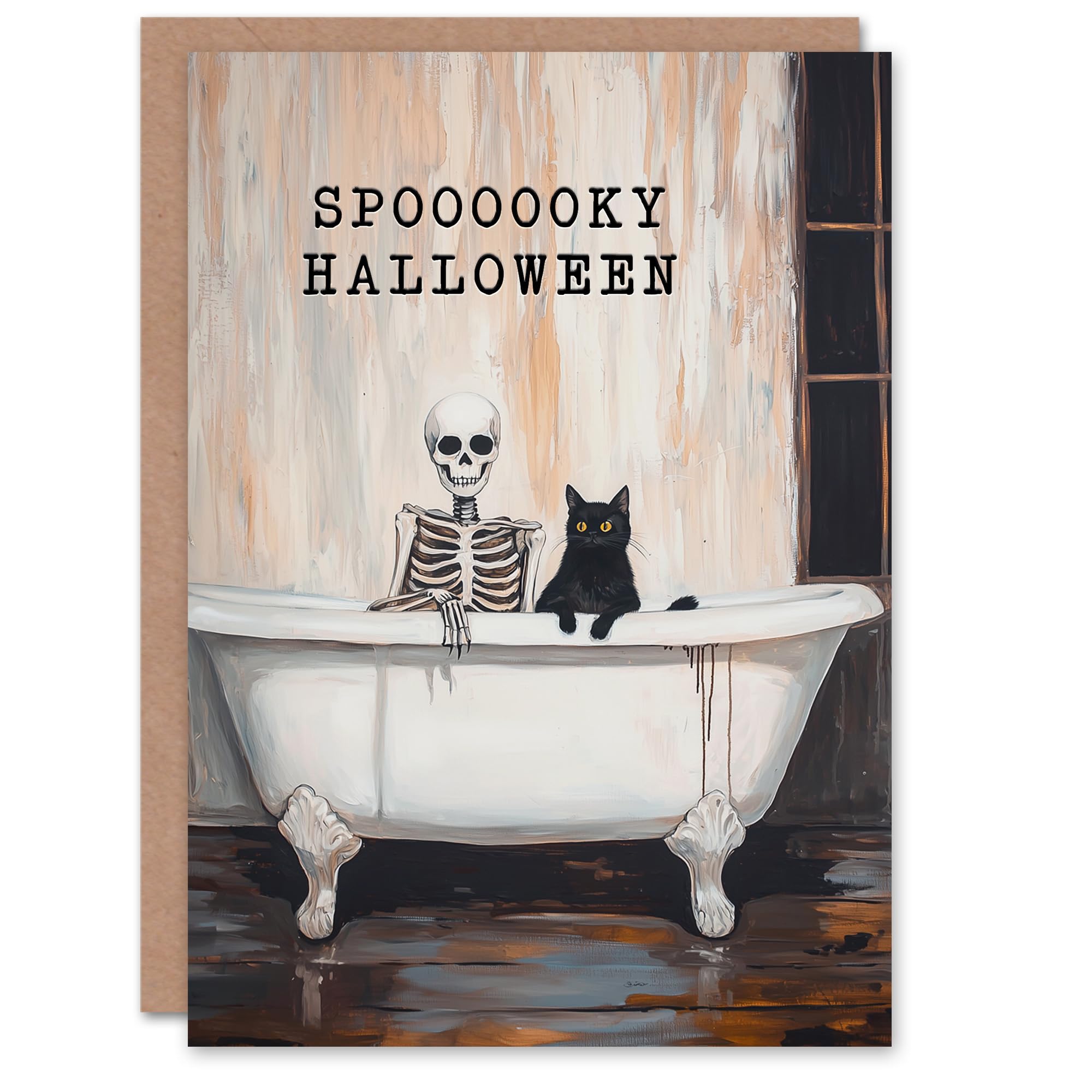 Wee Blue Coo Spooky Fun Black Cat and Skeleton Trick or Treat Haunted Scary Halloween Card Blank For All