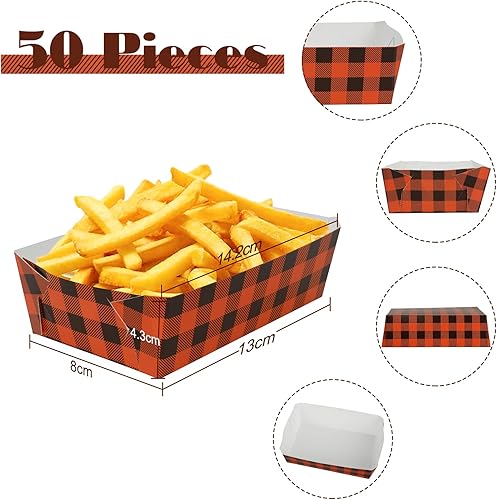 Miniatura 4 de 50 unidades de suministros de fiesta de otoño, bandejas de comida de calabaza a cuadros de papel naranja negro búfalo a cuadros de Halloween,