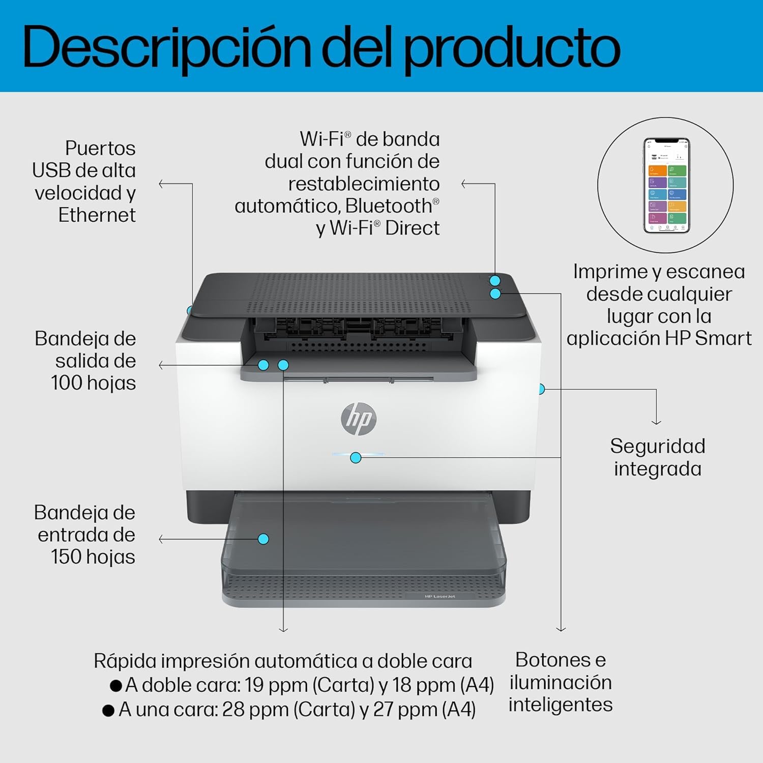 HP LaserJet M207dw, Impresora Láser Monocromo A4, Impresión a Doble Cara automática, 28 ppm, USB 2.0, Wi-Fi, Ethernet, Smart, Panel con Botones LED, Procesador 500 MHz, Memoria 64 MB, Gris