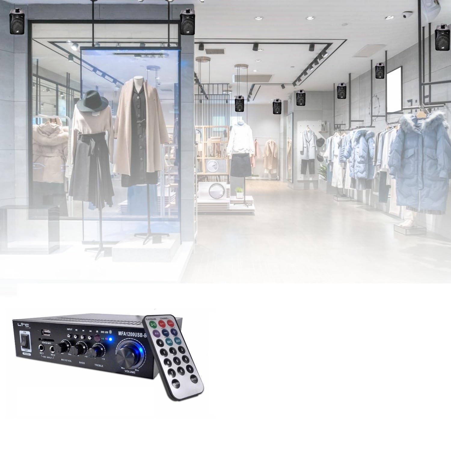 LTC - Pack HiFi Ampli Bluetooth Stéréo USB SD LTC MFA1200USB-BT-BL 2x50W - 8 Mini Enceintes B416B 80W - Magasin Commerce Restaurant