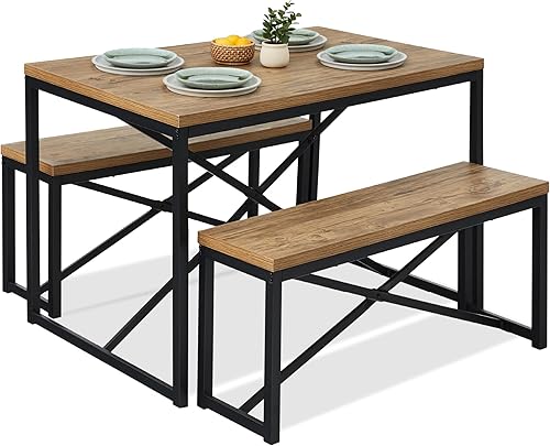 Best Choice Products Juego de muebles de comedor de 3 piezas estilo banco de 45.5 pulgadas, comedor para 4 personas que ahorra espacio para cocina,