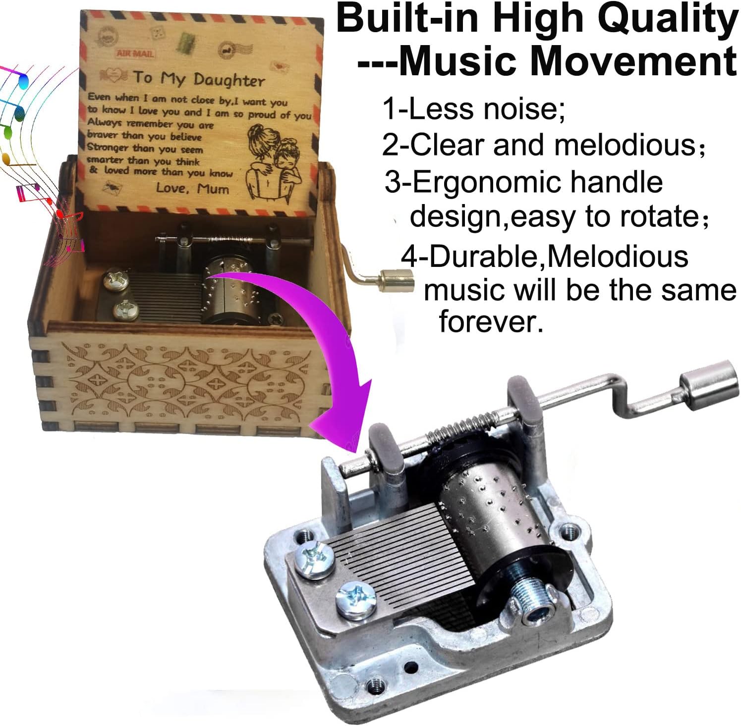 Wooden Music Box for Daughter,Gift from Mum to Daughter,Hand-Crank You Are My Sunshine Melody Wood Musical Box,Laser Engraved,Handmade Mechanism Antique Gift for Girl on Birthday,Christmas Day - Image 3