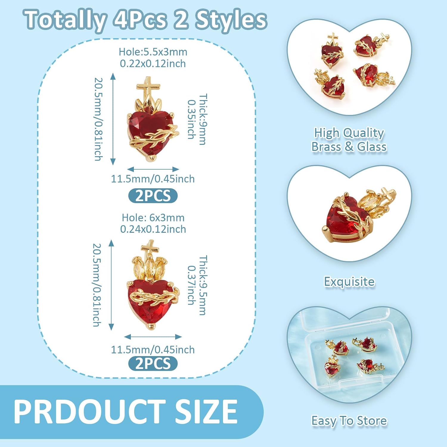 FASHEWELRY 4Pcs 18K Golden Plated Sacred Heart Charms Glass Rhinestone Gothic Red Heart Charms Crystal Y2K Dark Red Love Pendants for Earring Jewelry Making Necklace Bracelet image 4