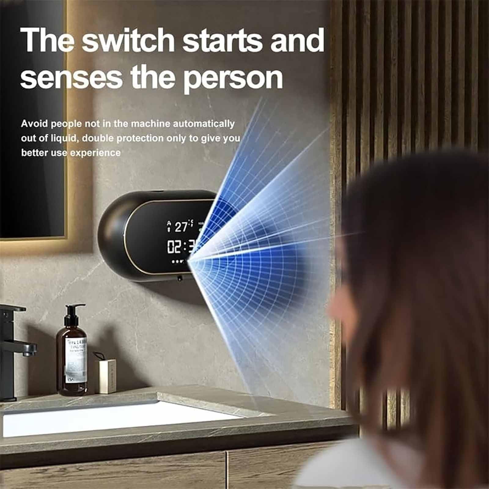 Dispensador de jabón líquido sin contacto montado en la pared de 450 ml, dispensador automático de jabón de espuma sin contacto con sensor de temperatura de tiempo, recordatorio automático de líquido