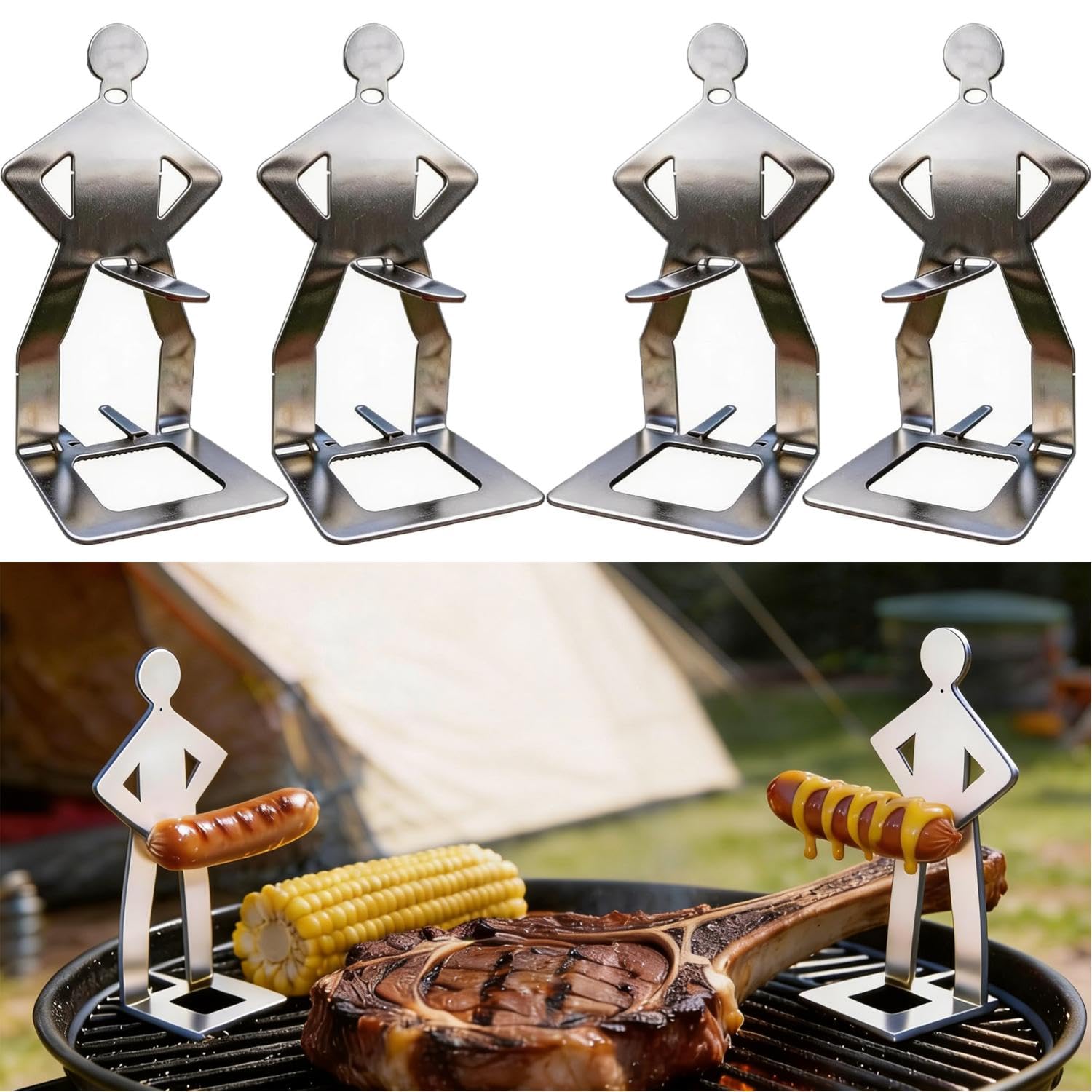 4PCS Funny Hot Dog Holders, Stainless Steel Sausage Holder Stand, Barbecue Grill Rack, Reusable BBQ Grill Tool for Camping Outdoor Picnic Garden, Novelty BBQ Gadgets Gifts for Men