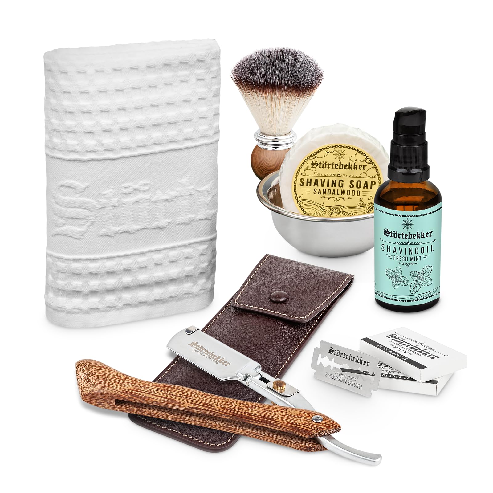 Störtebekker® Shaving Care Set - Kit de afeitado incl. Navaja de afeitar, funda, brocha de afeitar, jabón de afeitar, cuenco de afeitado, aceite de afeitar y toalla de afeitar (Madera - Café)