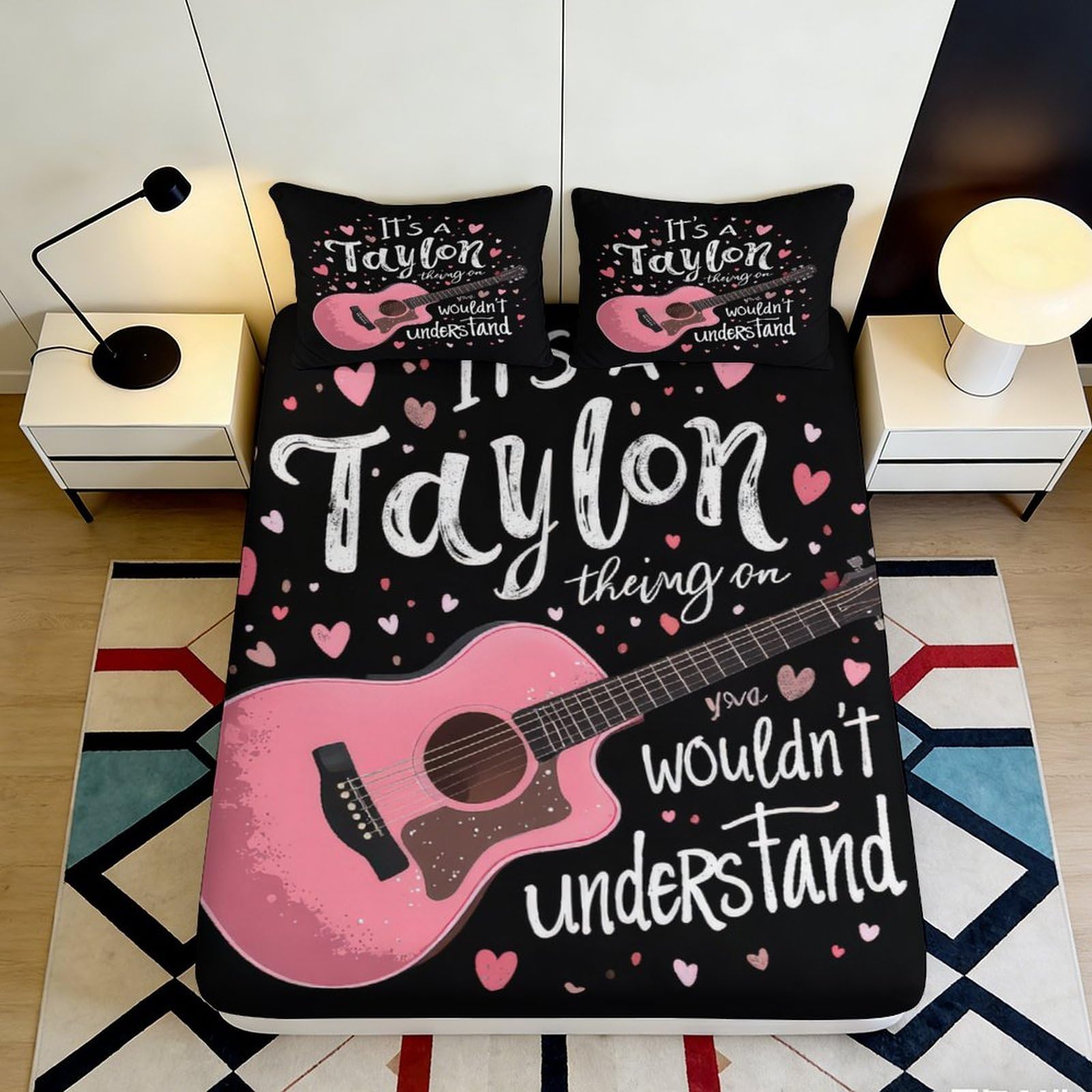 Pnayamiorkfel Style-1 3D Printed Pink Guitar Fitted Sheet Microfiber Bedroom Decor Heart Pattern Bed Cover For Home Youth Guest Room 90X200x25cm