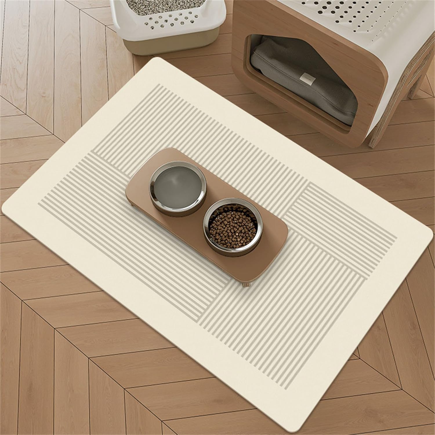 Hearda Dog/Cat Food Mat 50x80cm, Absorbent Pet Food Mat, European Style Non Slip Quick Dry Pet Feeding, No Stains Splash-Proof Diatomite Dog/Cat Bowl Mats Dishwasher Safe - Gray Line