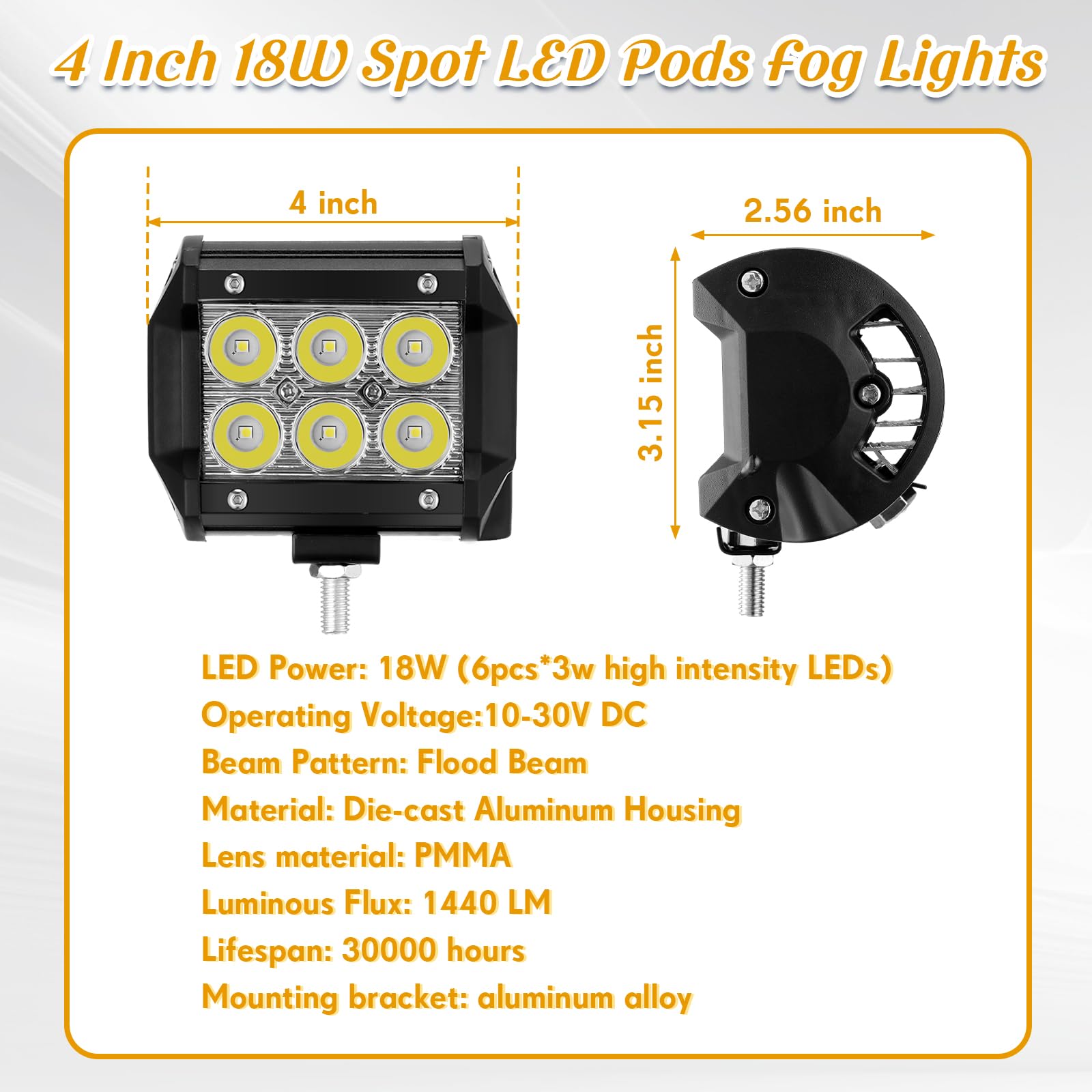 Tujoe 6 Pcs Pontoon Boat Docking Light 4 Inch 18W Spot LED Pods Fog Lights Boat Headlights Deck Light Marine Spreader Light for Kayak, Bass, Pontoon Sailboat, Stern, Navigation Lights, White