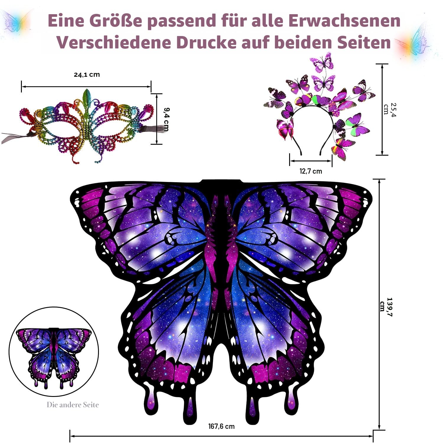 Erwachsene Schmetterlingsflügel, Doppelseitige Erwachsene Feenflügel, Halloween Kostüme für Frauen Bunter Schmetterlingsumhang