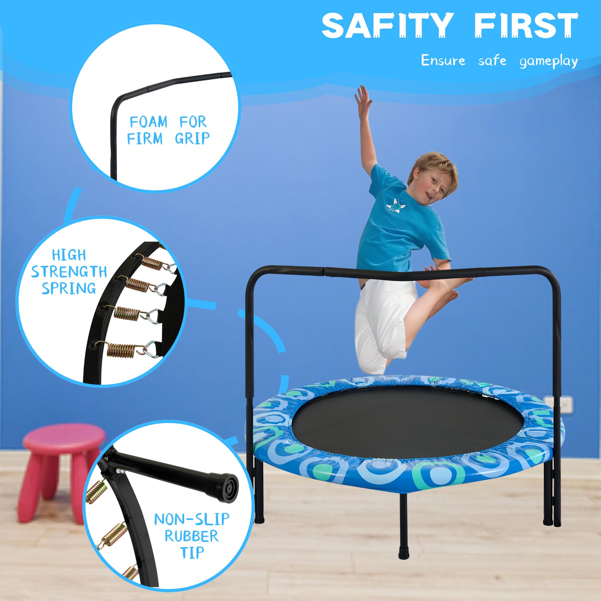 RockRain Foldable Kids Trampoline with Handrails: 3-7 Years Old Safe Bounce Play - Indoor & Outdoor Fun for Toddlers - Blue Steel Frame & Synthetic Bungee Jumping Mat
