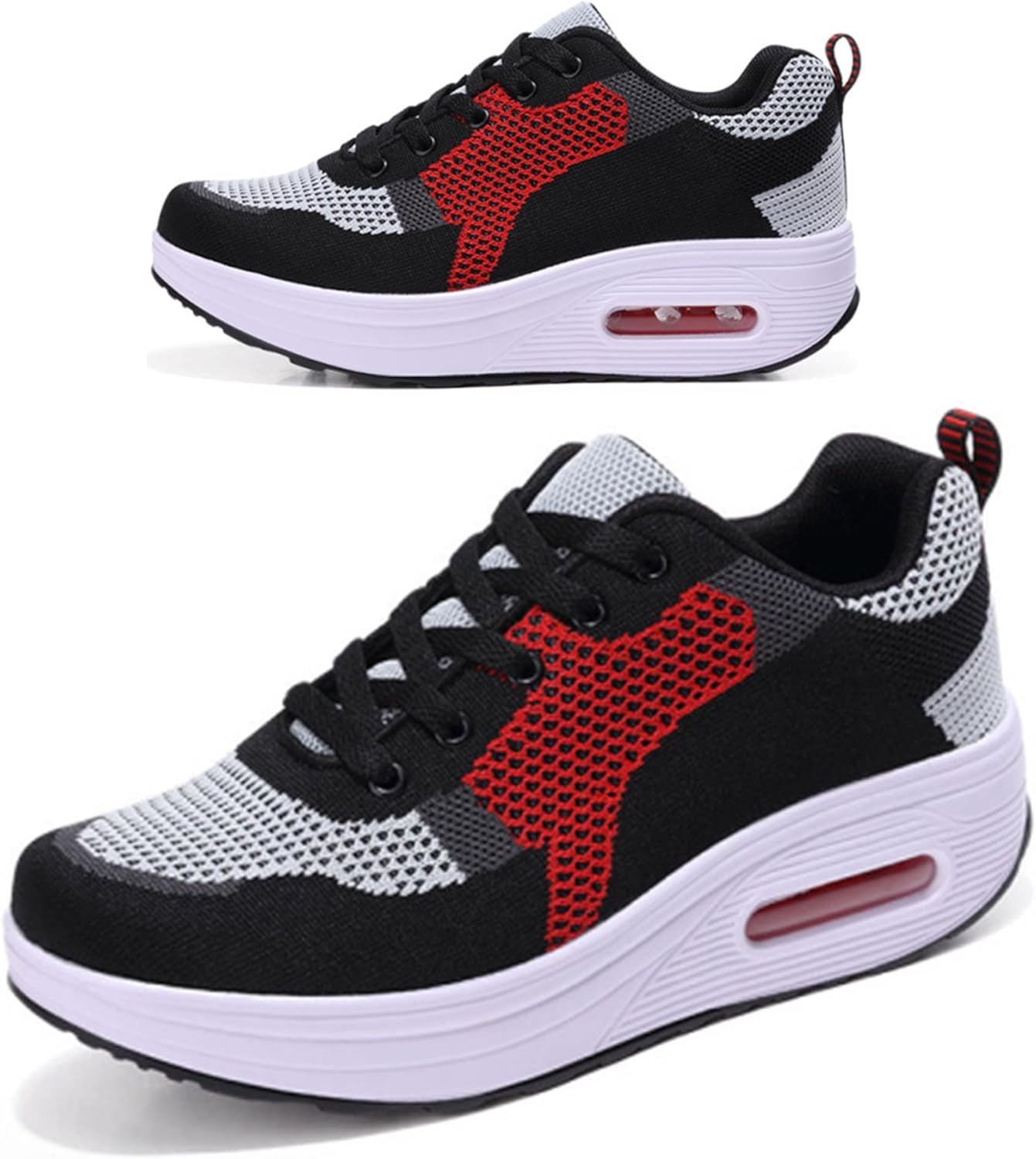 RUIDENG Comfortable Walking Shoes Women Stylish | Women's Platform Sneakers Daily Basis | 2 Inch Thick Rocker Bottom Grey Red Size 6.5