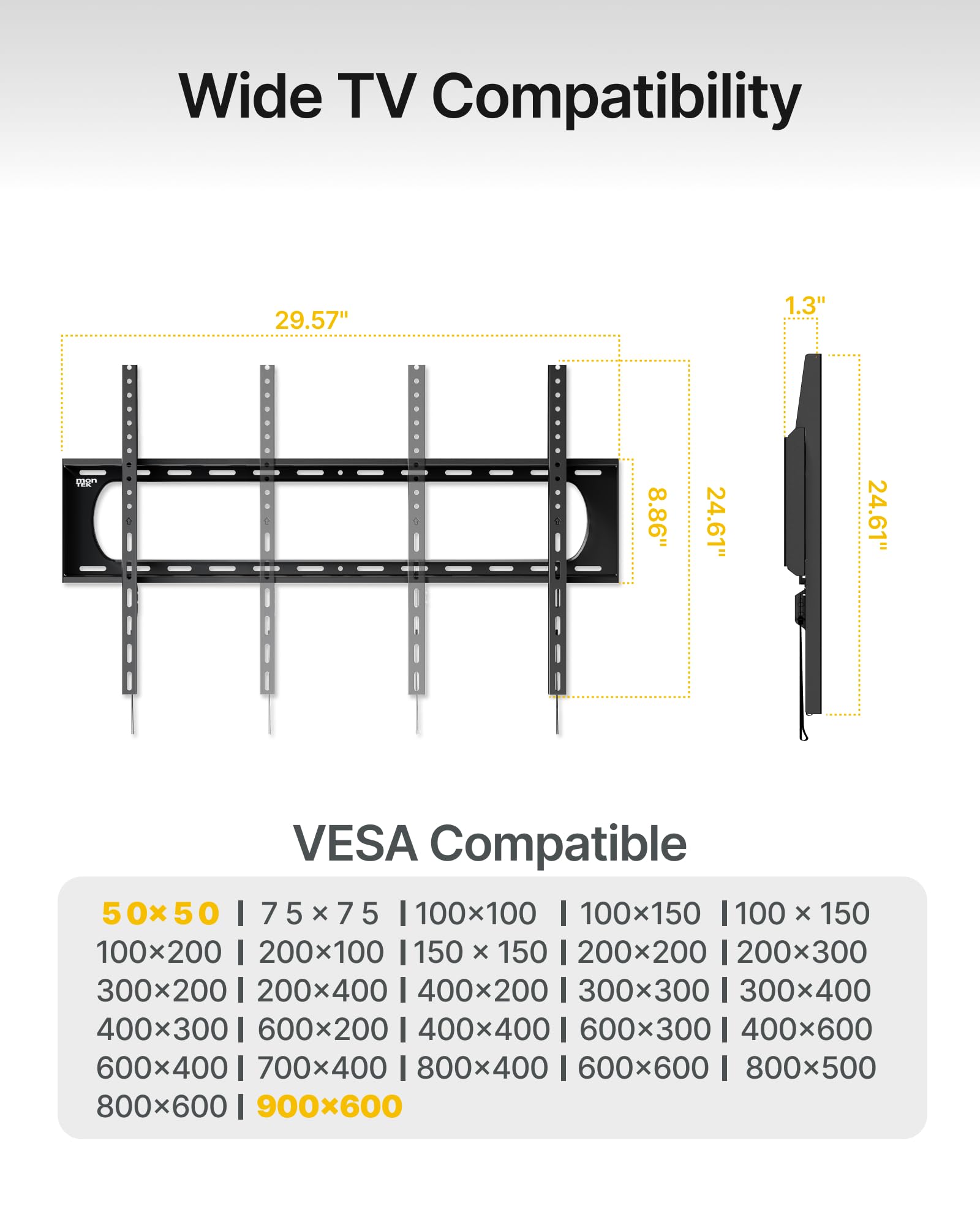 monTEK Staffa da parete fissa per TV da 60-120 pollici piatti e curvi fino a 136 kg, testata 4 carichi testati, profilo ultra sottile da 1,3", VESA max 900 x 600, blocco a sgancio rapido, adatto a