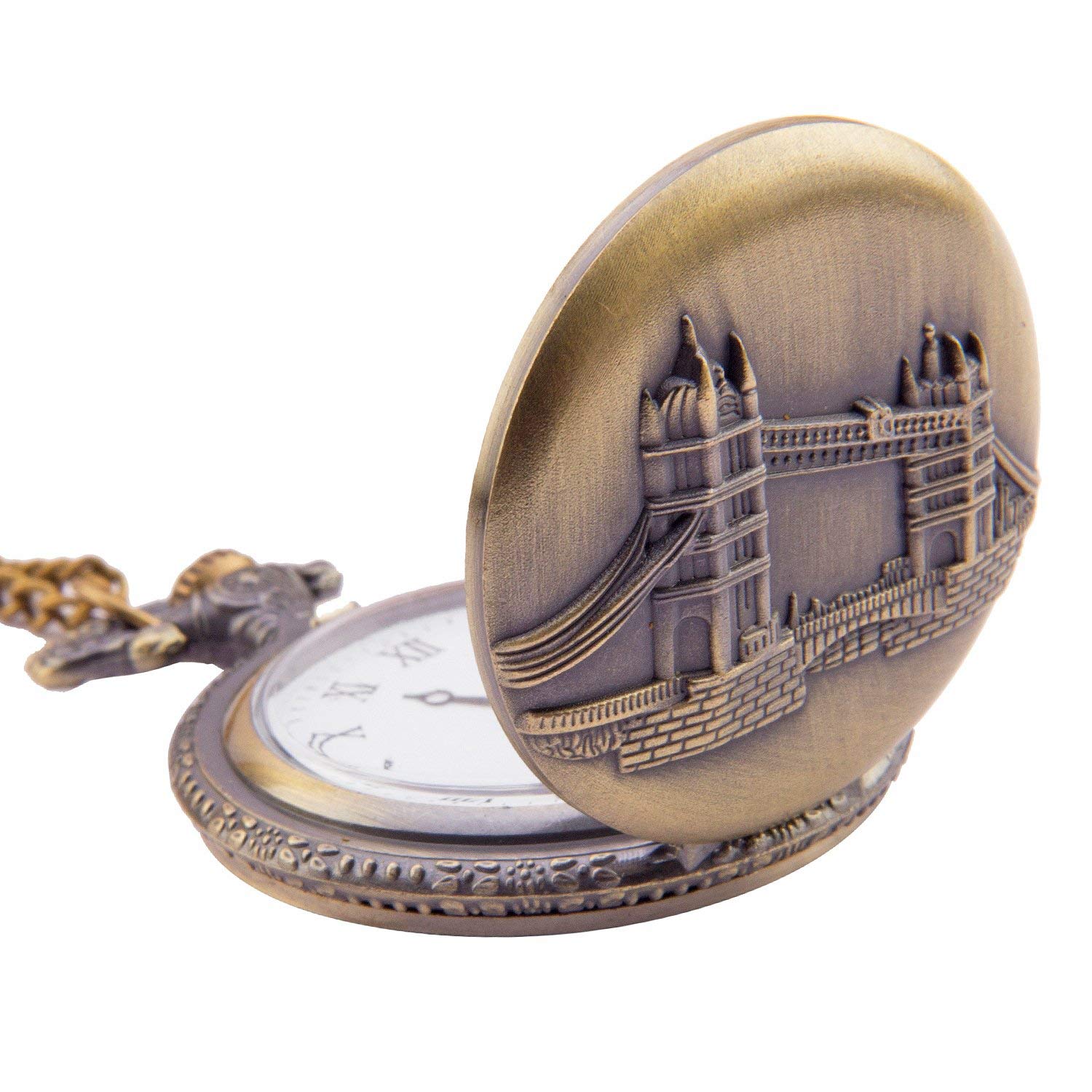Pocket Watch London Bridge Embossing with Wooden Box