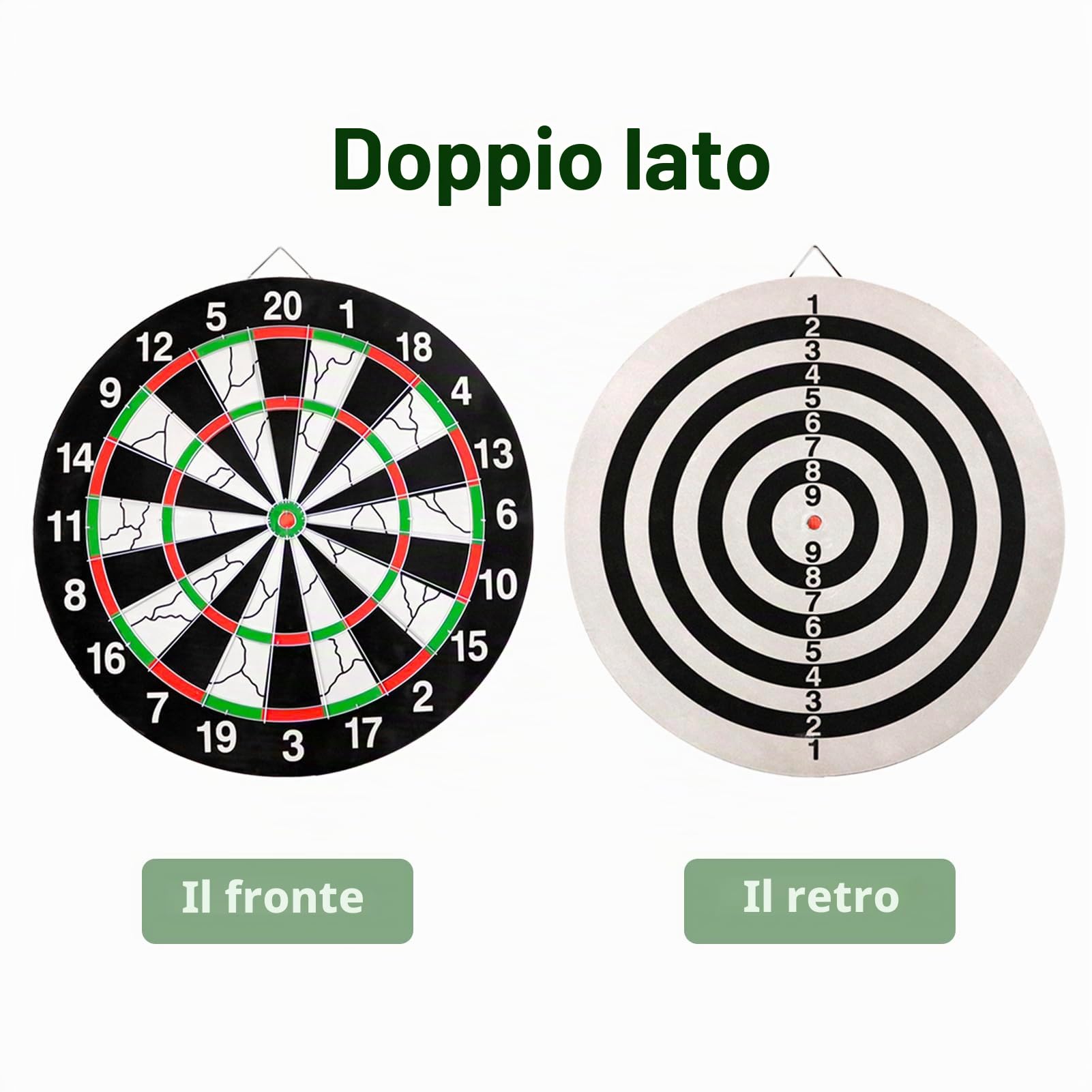 Bersaglio per freccette da 43 cm, doppio lato, spessore 2 cm, set da 9 freccette