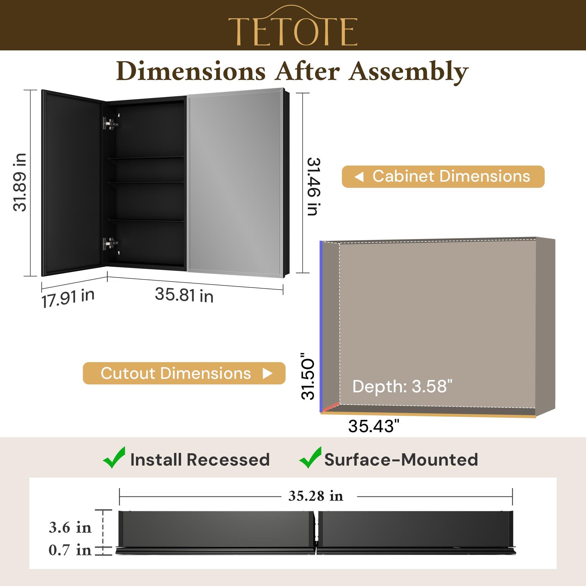 Condition photo showing New/Like New for 36 x 32 mirrored medicine cabinets for bathroom with tempered beveled mirror black medicine cabinet aluminum cabinet dtc hinges, stepless adjustable shelves, recessed/surface-mounted