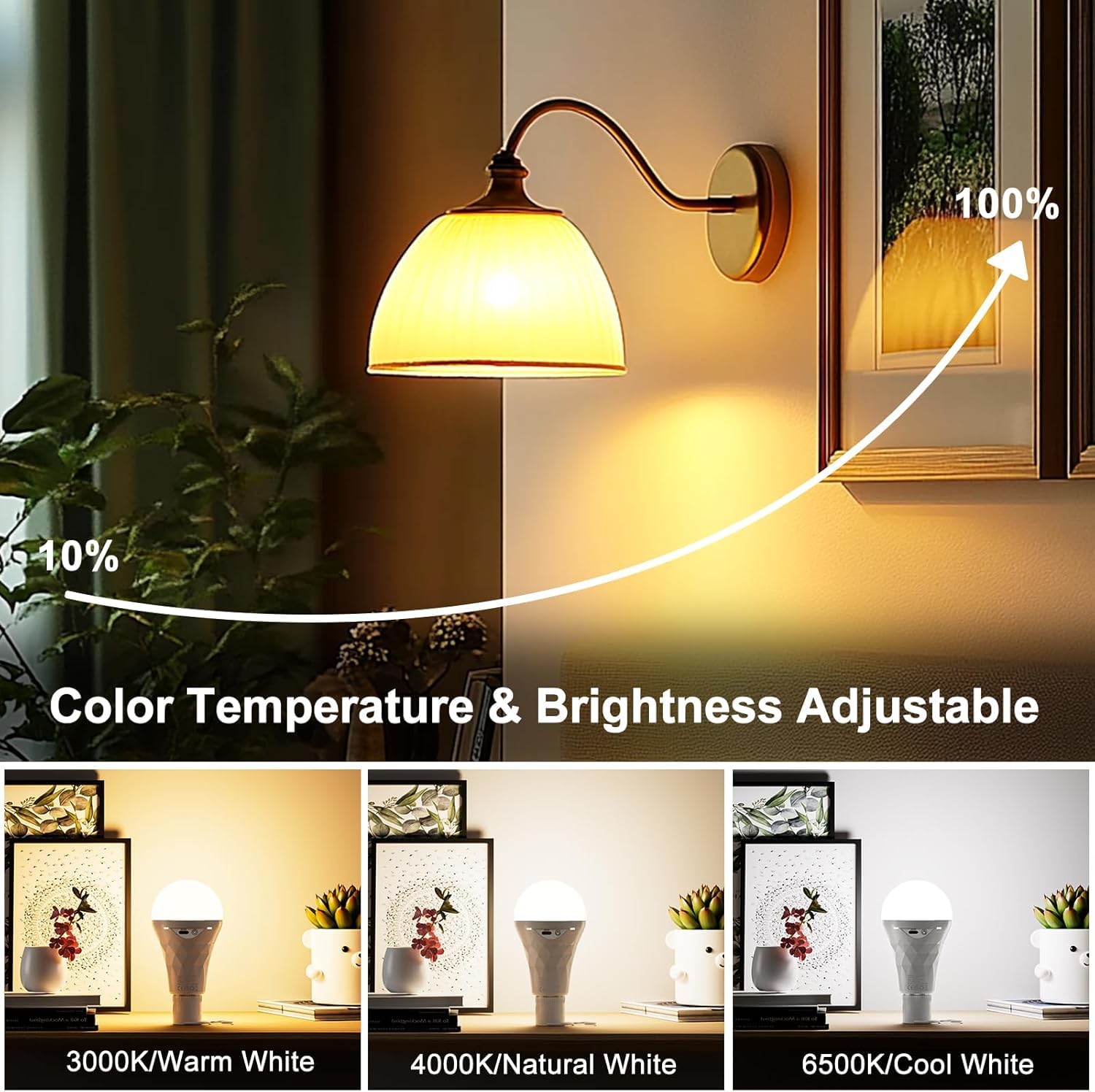 E27 2600mAh Lampadina LED Ricaricabile con Telecomando Timer, Lampada Emergenza Dimmerabile (3000K/4000K/6500K), Attacco&USB Ricaricabile Doppia Funzione per Lampade Senza Corrente/Campeggio 4 Pezzi