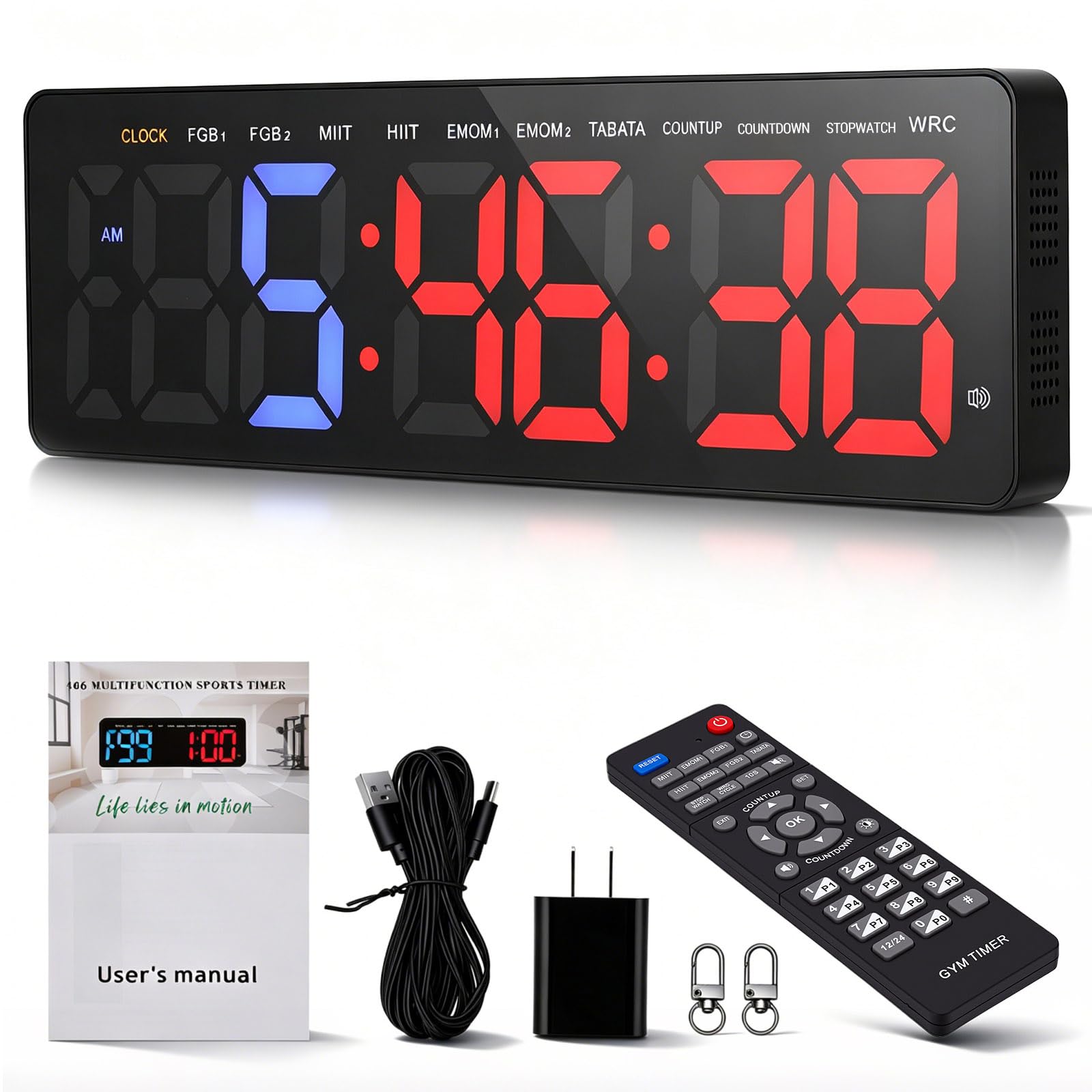 16.5" Gym Timer, Interval Timer Clocks with Stopwatch, Countdown&Up, Large Countdown 3 Adjustable Brightness&Volume with Remote&5V Charging Head, Digital Gym Wall Clock for Home Office Garage Outdoor