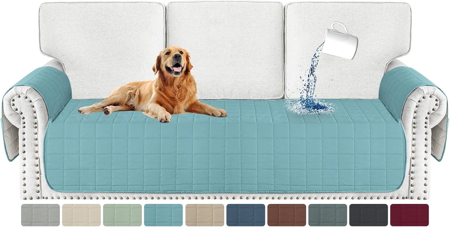 MAXIJIN Waterproof Oversized Couch Cover for Dogs Washable, Quilted Sofa Seat Cover for 3 Cushion Couch with Side Pockets, Non-Slip Furniture Protector for Pets Kids (Large Sofa, Berlin Blue)