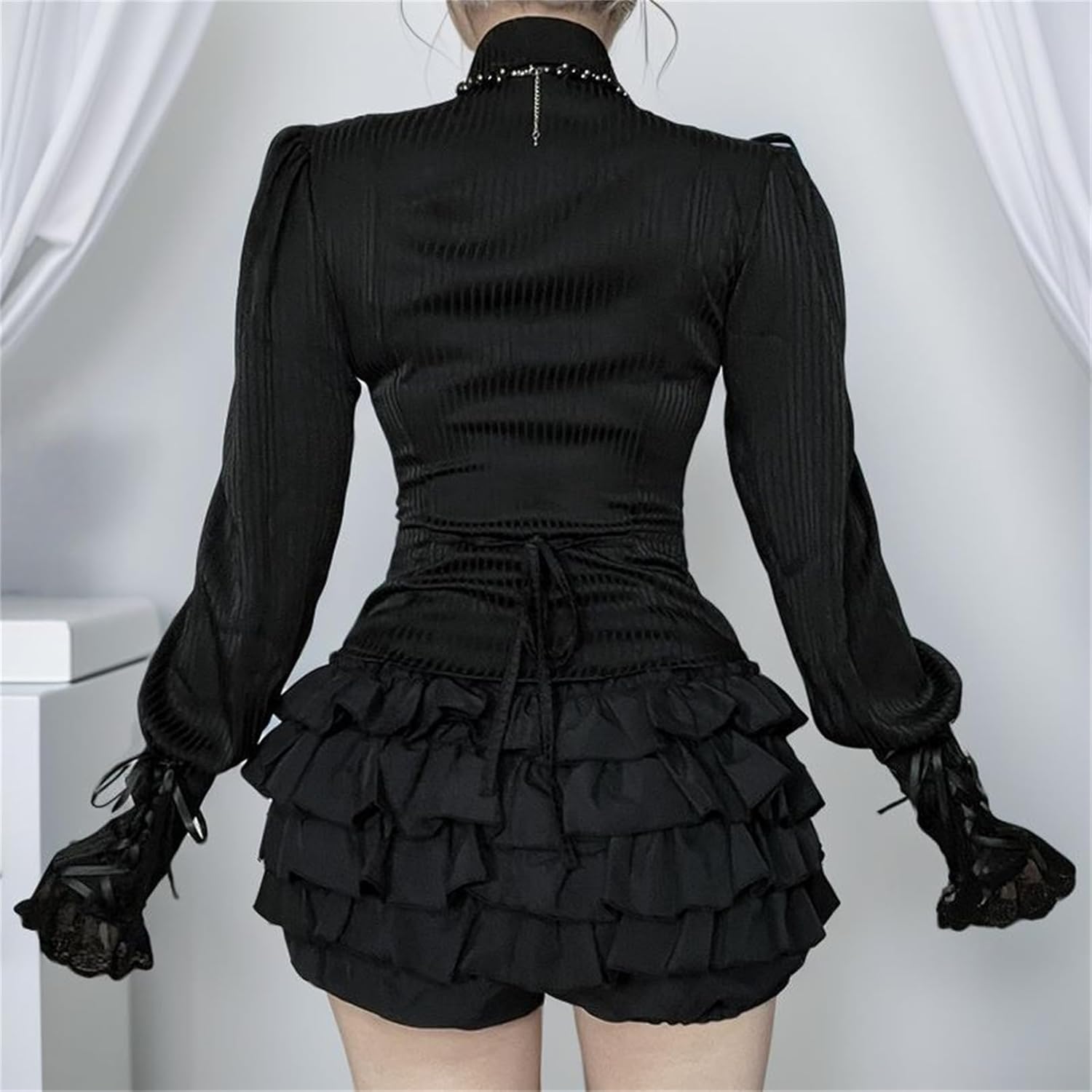 Women Emo Goth Button Down Collar Ruffle T Shirt - Long Sleeve Lace up Fitted Vampire Party Journey Top Tee