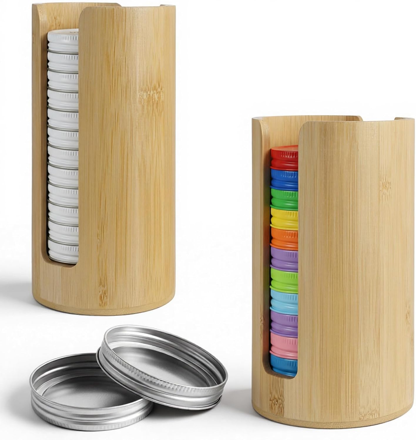 2 Pcs Mason Jar Lid Organizer Bamboo Vertical Mason Jar Lid Storage Accessories Tumbler Lids Holder Cup Lids Organizer for Home Kitchen Countertop Cupboard (Wide Mouth & Regular Mouth)