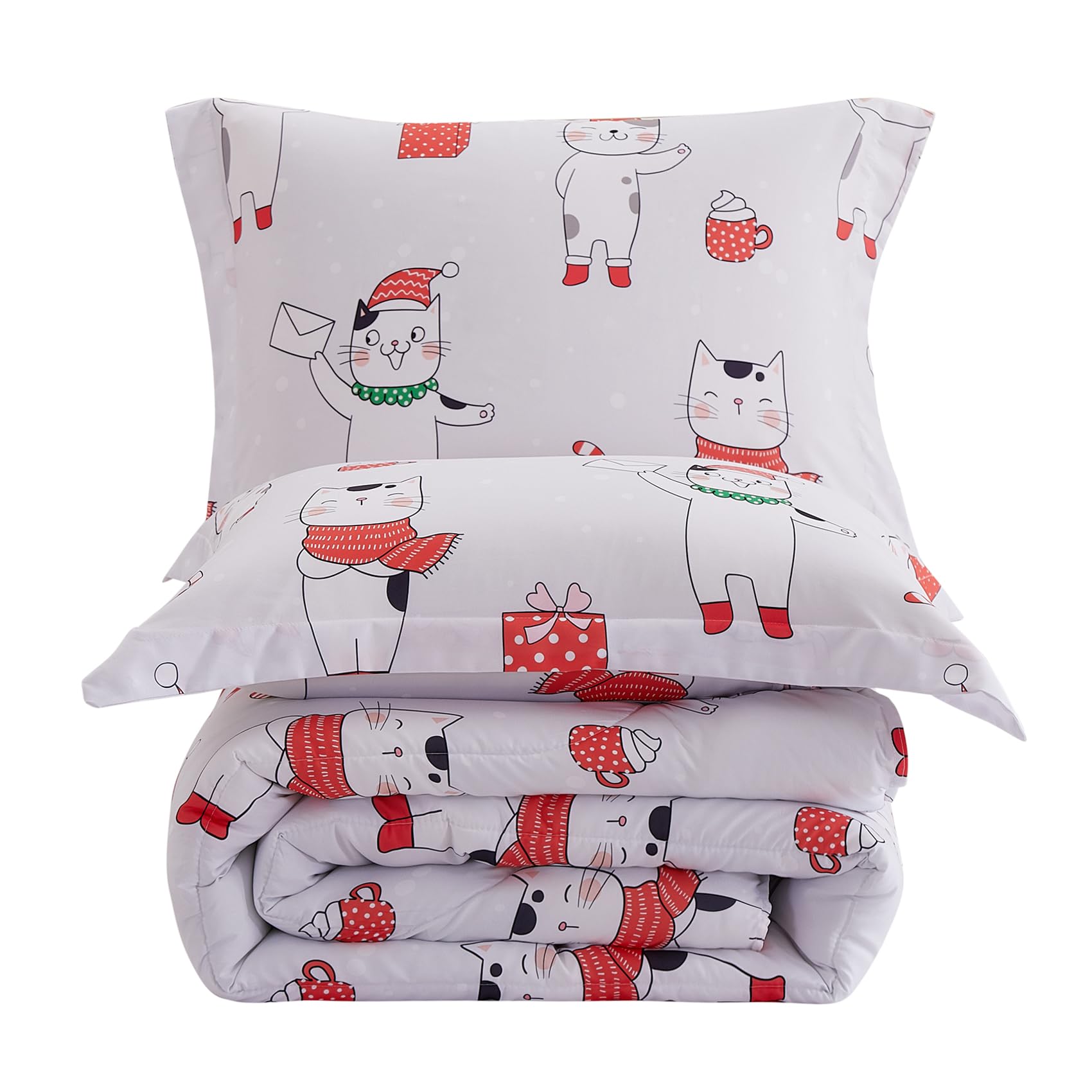 Yibeizi Kids Christmas Bed Comforter Set Full Cute Cat Printed Xmas Bedding