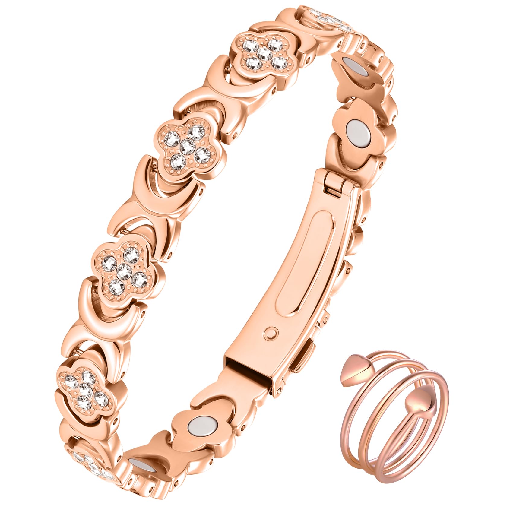 Jeracol Kupferarmband Damen und Magnetfeldtherapie Ring, gefertigt aus 99% reinem Kupfer, mit eingelegten Neodym-Magneten und funkelnden Zirkonia-Steinen, verstellbares Magnetarmband