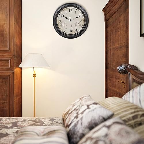 Miniatura 7 de Reloj de pared retro impermeable de 12 pulgadas para interiores y exteriores, con termómetro e higrómetro, funciona con pilas, reloj de pared
