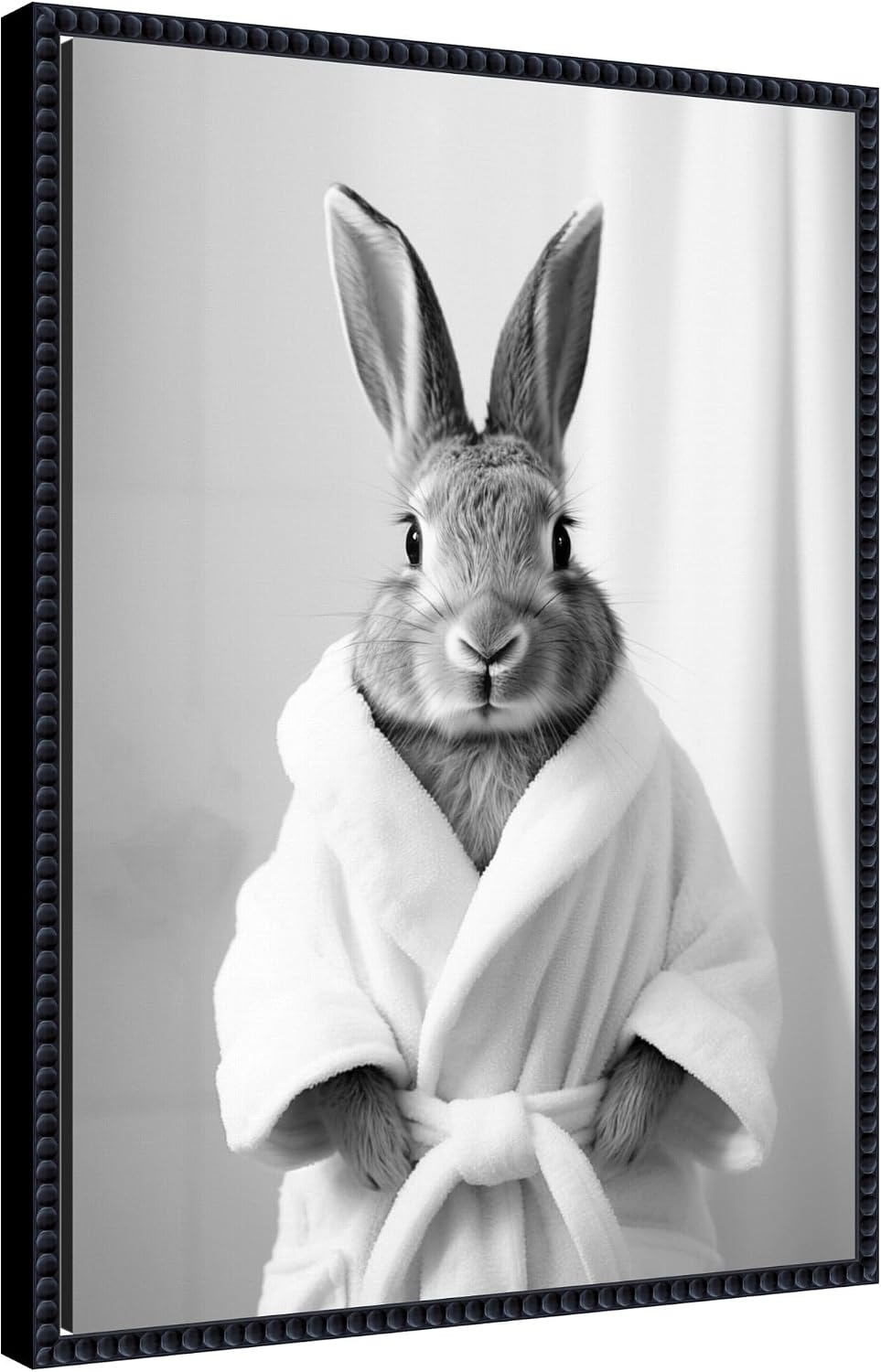 Kate and Laurel Bunny Bathroom Art Towel Robe Black and White Framed Canvas Wall Art by The Creative Bunch Studio 18 x 24 Sylvie Beaded Black, Whimsical, Animals, Bathroom Art for Wall Decor