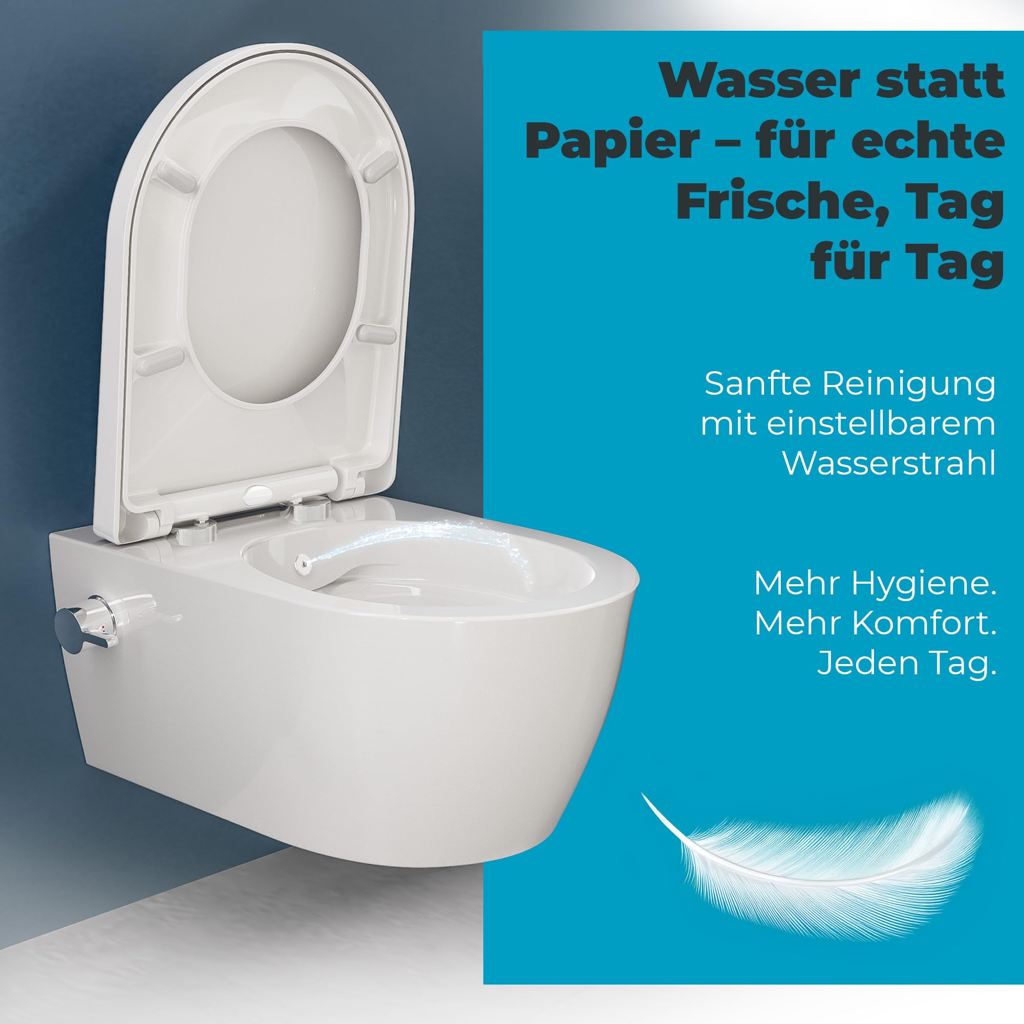 WC Taharet senza brida con rubinetteria, sedile Softclose removibile e rivestimento doccino/WC, toilette con doccino intimo con funzione bidet, Shattaf