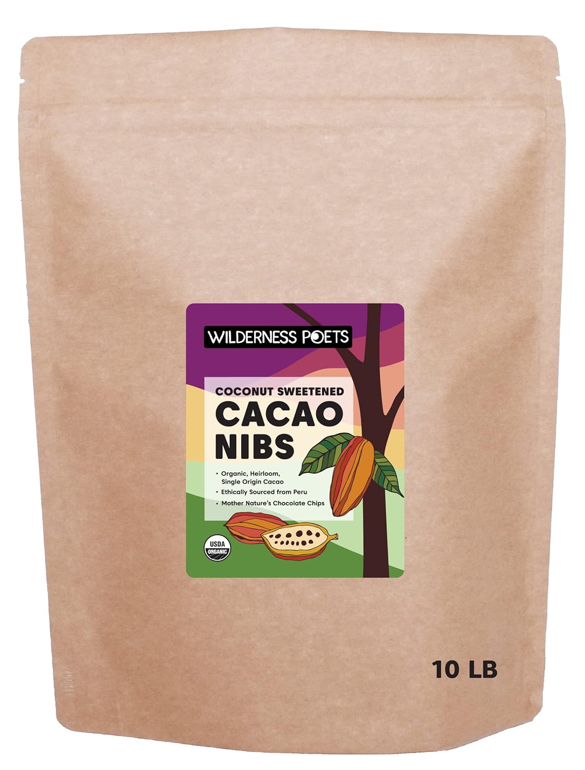 Wilderness Poets Organic Cacao Nibs (Sweetened with Coconut Nectar) - 100% Peruvian Heirloom Cacao (Criollo Variety) -160 Ounce - 10 Pound