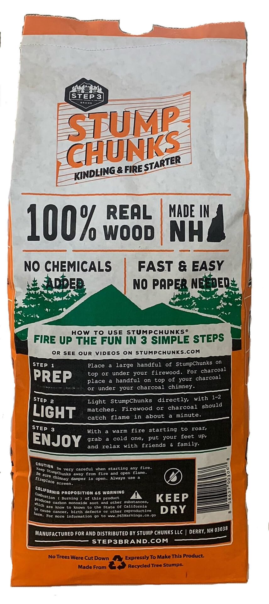Stump Chunks - Accendifuoco in 100% legno naturale (grande), borsa da 1,5 m., arancione, nero, marrone e bianco