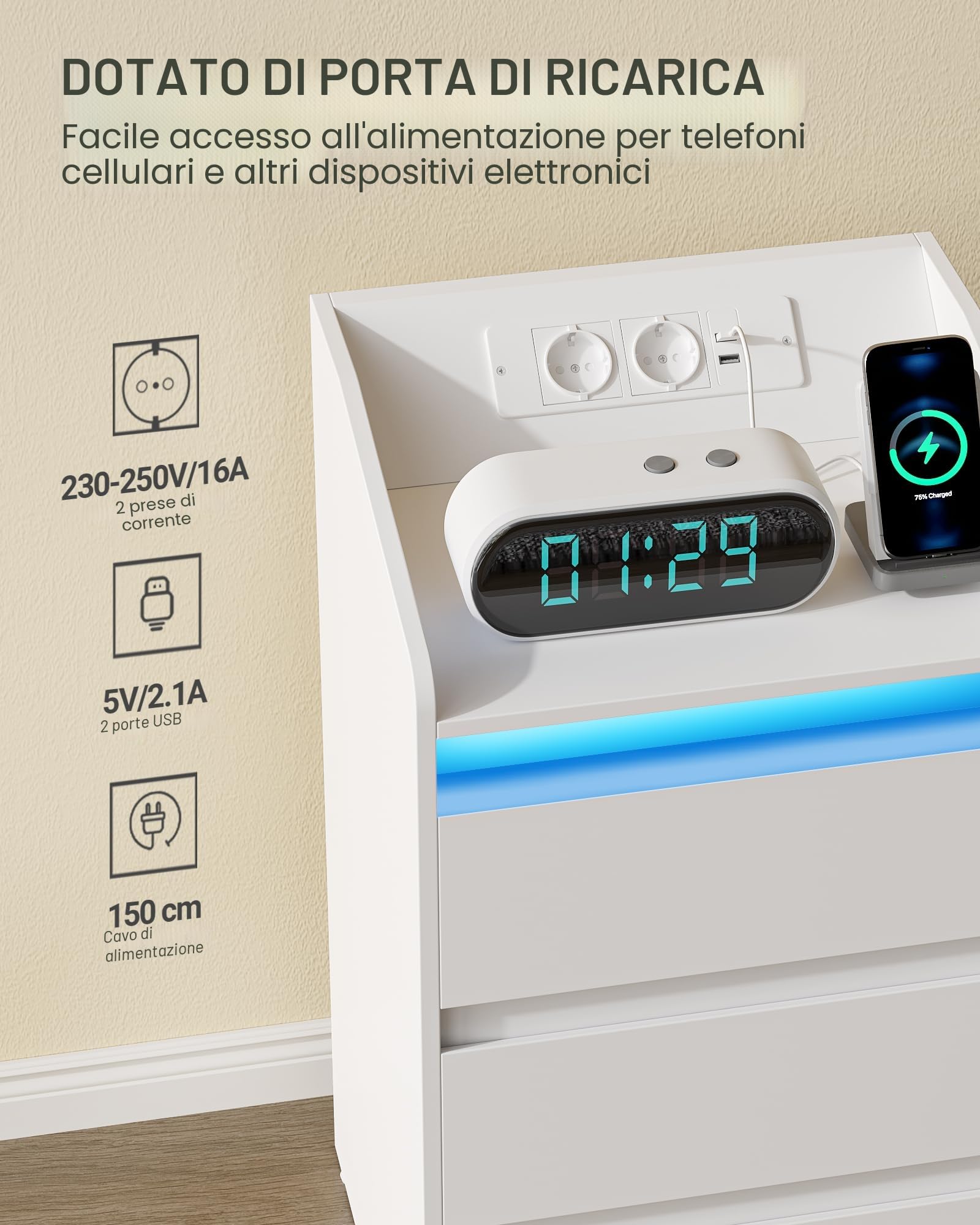 Hzuaneri Comodino con 3 Cassetti, Tavolino con Stazione di Ricarica LED, 2 Prese CA e 2 Porte USB per Camera da Letto, Soggiorno, Bianco NS40003X