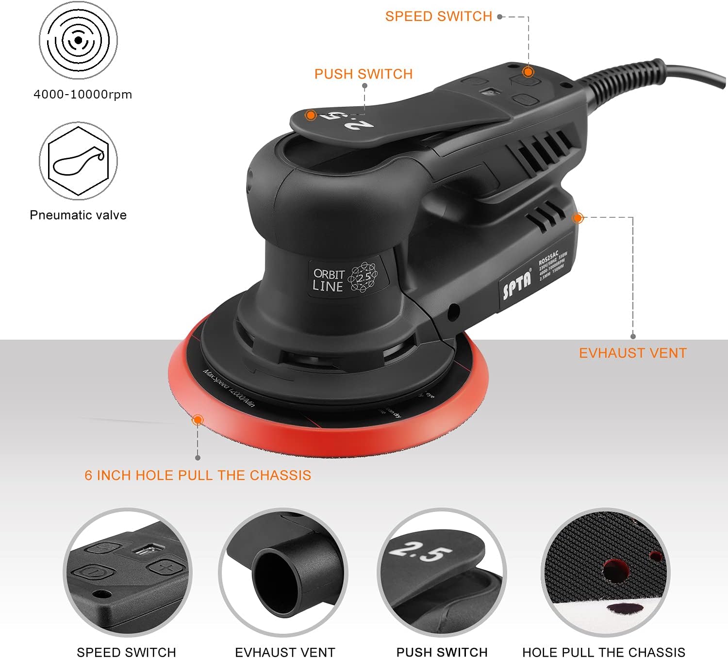 Electric Orbit Sander, SPTA 350W 150mm Random Orbit Sander, Variable Speed 4000-10000RPM, Digital Display Speed Controller, 2.5mm Orbit with Sandpapers - - 