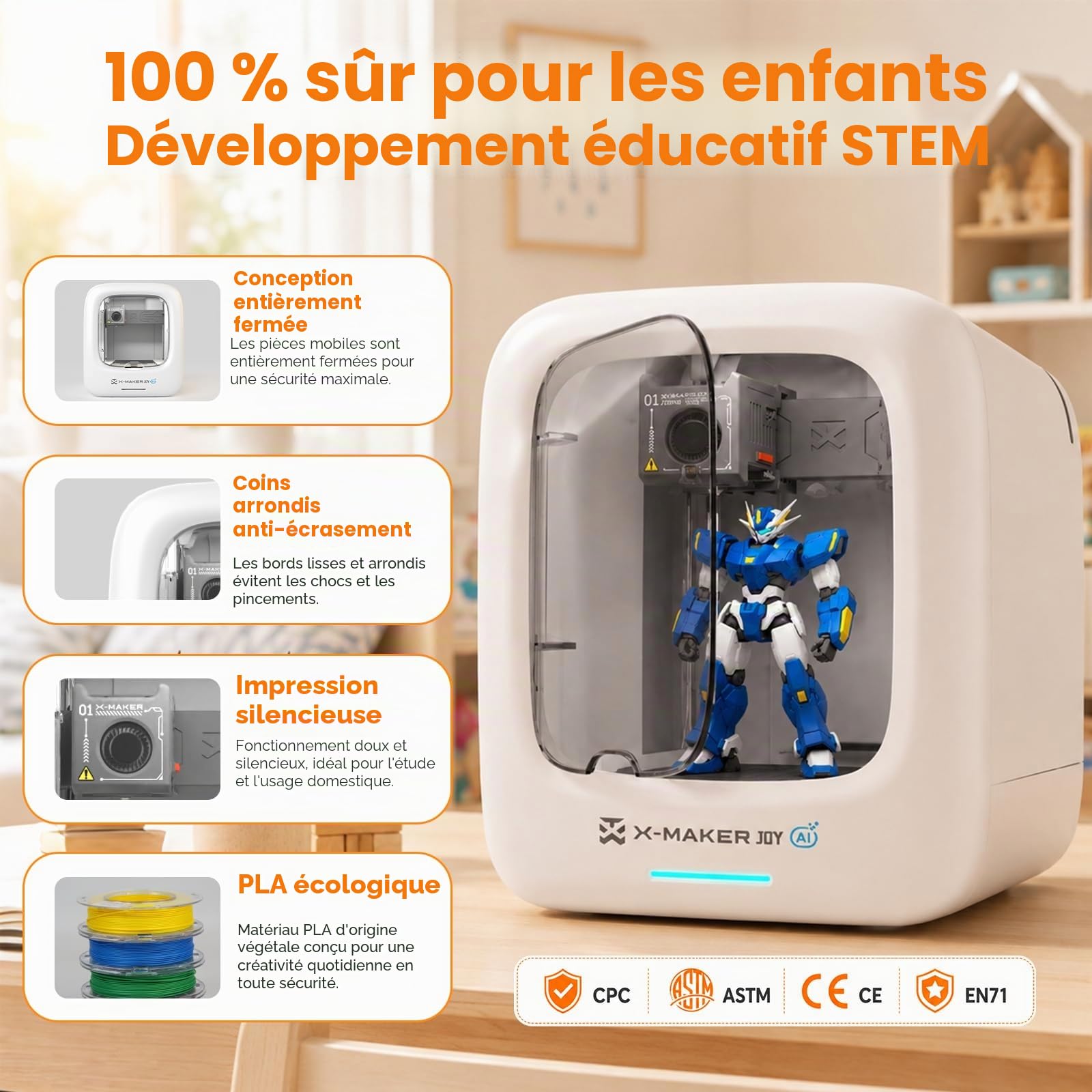 Imprimante 3D Alimentée par IA Domestique Professionnelle,Imprimante 3D avec Ensemble de 8 Filaments PLA, Grande Bibliothèque de Modèles,16+Mini Modules de Conception 3D,Contrôle Via APP,