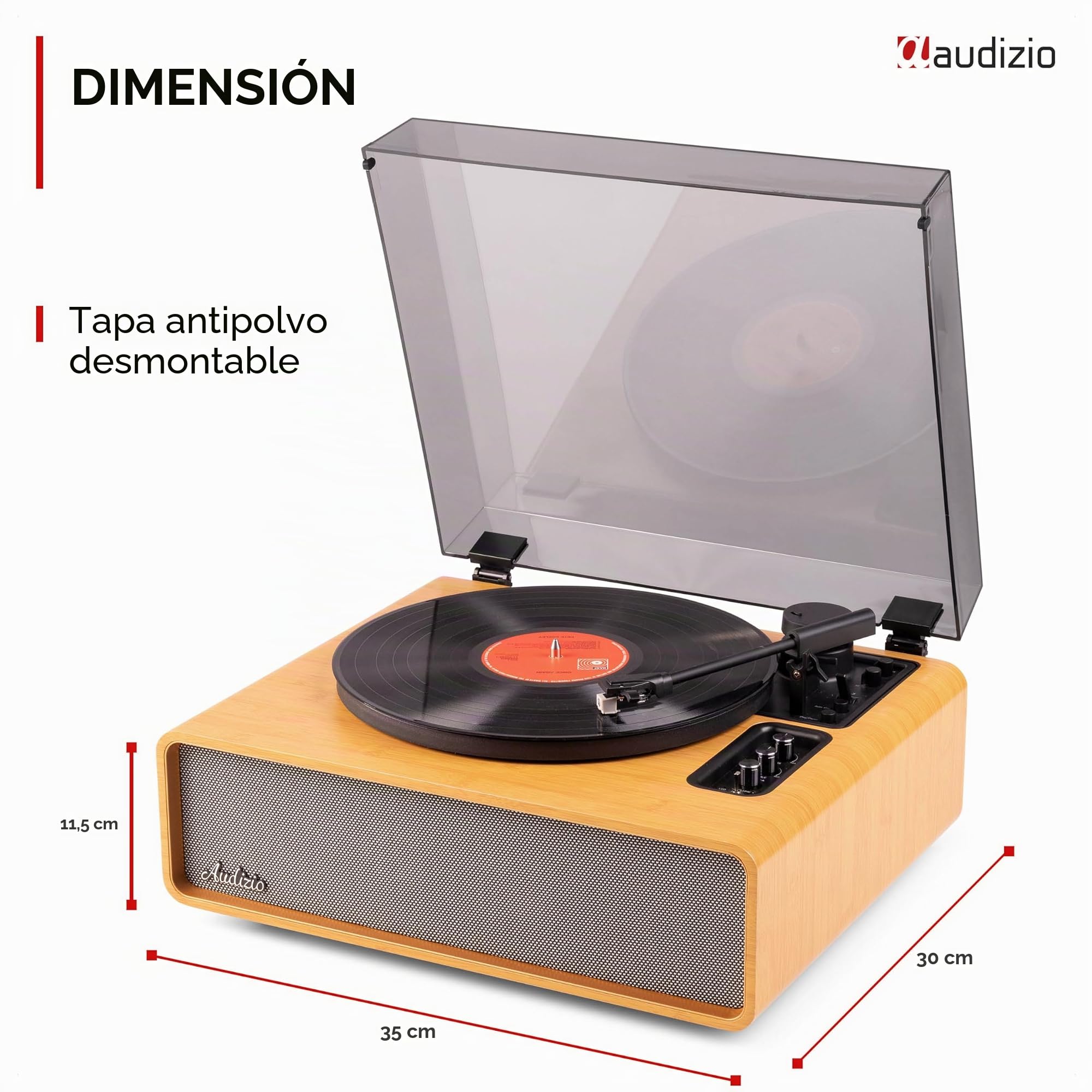 Audizio Laredo – Tocadiscos de Vinilo Bluetooth con Altavoces HiFi 160W, cápsula Audio Technica, Gira Discos con Plato de 29 cm, giradiscos Vinilo con RCA y BT in/out, Acabado en bambú