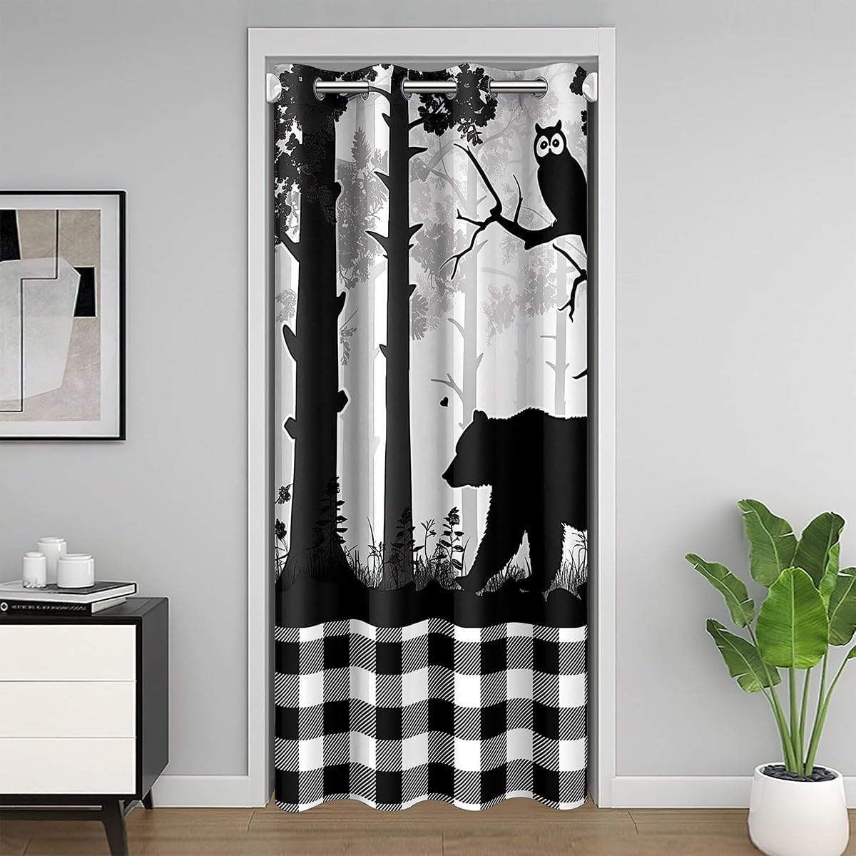 Castle Fairy Bear Print Door Curtain 34" WX80 L,Black White Grid Patchwork Style 30%-50% Blackout Curtain,Jungle Wild Animals Trees Winter Insulated Thermal Doorway Curtain for Boys Girls Teens