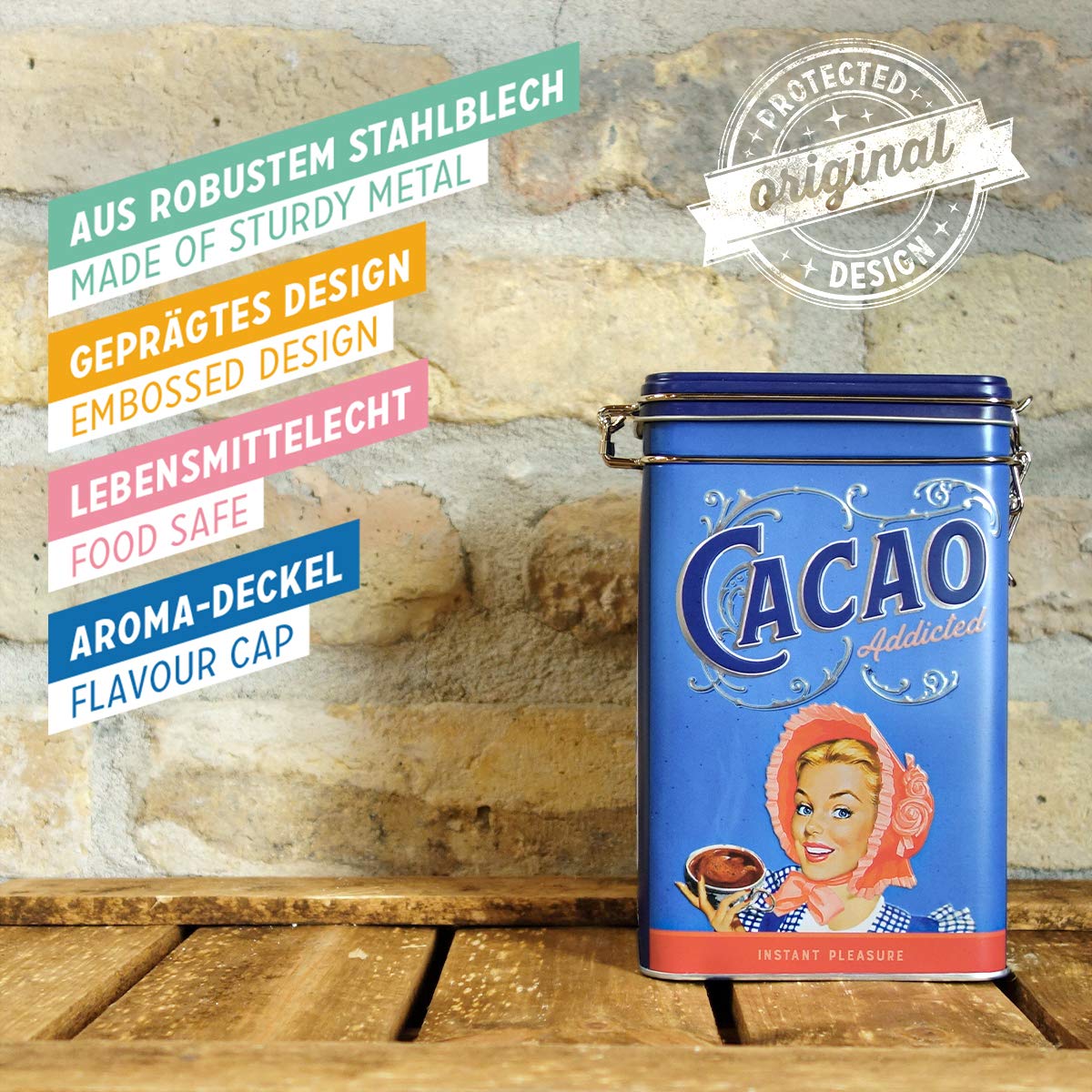 Nostalgic-Art Retro puszka na kakao, 1,3 l, Cacao Addicted – Pomysł na prezent do kuchni, metalowy pojemnik z pokrywką aromatyczną, Styl vintage