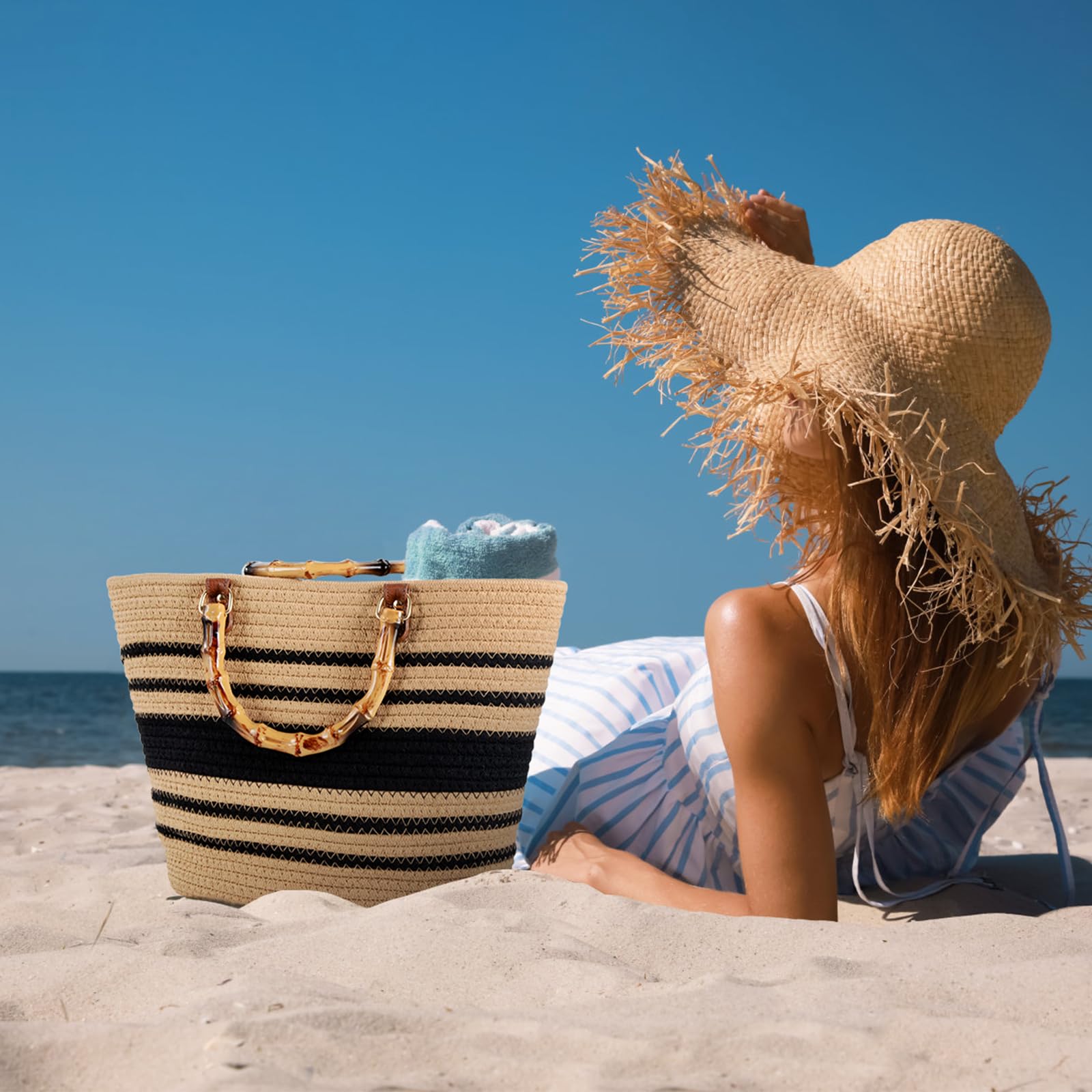 Tote Bag Grande Handbag a Spalla Estate Borsa per la Spesa con Manico Borsa di Modo per Donna Ragazze per Shopping Viaggio Spiaggia, Cachi e Nero